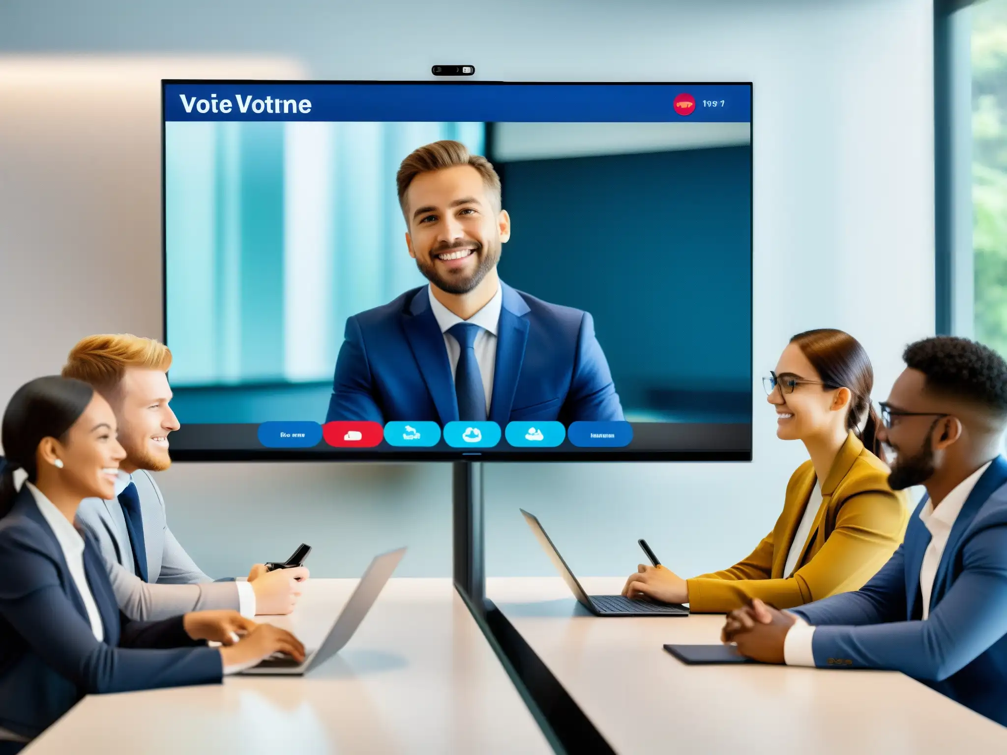 Videoconferencia con Votación en Tiempo Real: Profesionales y Estudiantes Participando Profesionales y estudiantes participan en videoconferencia con encuestas y votaciones en pantalla, en un entorno moderno y profesional