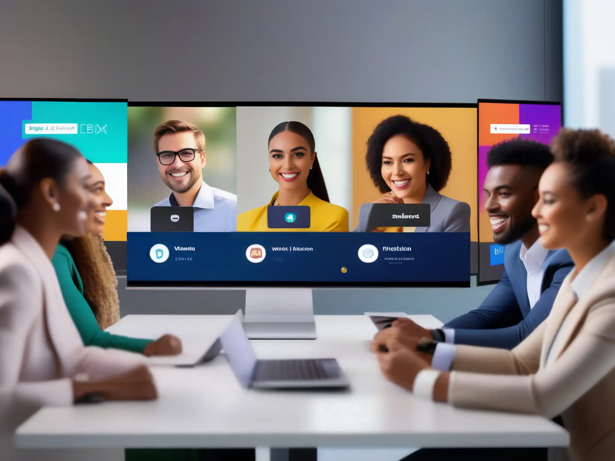 Videoconferencia interactiva: encuestas en tiempo real y colaboración Profesionales y estudiantes participan en videoconferencia con encuestas y votaciones en pantalla, en un entorno moderno y colaborativo
