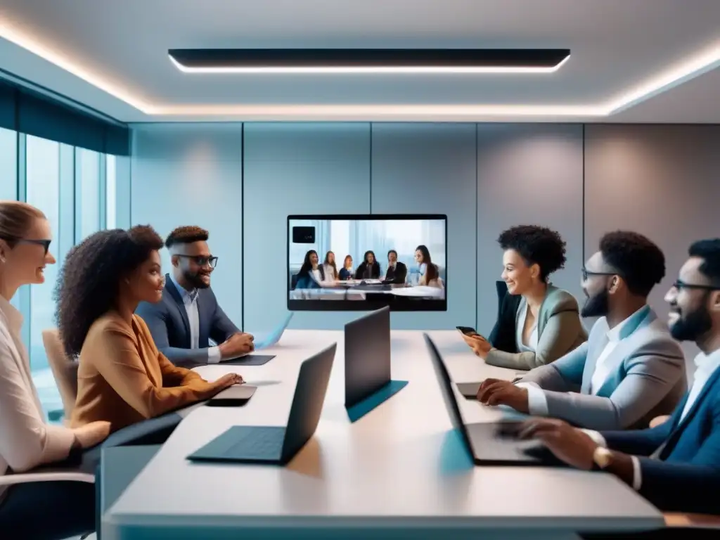 Videoconferencia profesional y educativa en 8k Profesionales y estudiantes colaboran en videoconferencia multiplataforma en un entorno futurista