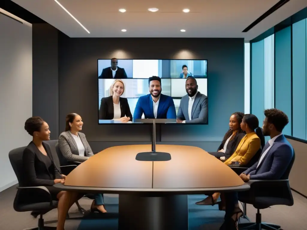Reunión virtual productiva: profesionales colaboran en sala moderna Profesionales y estudiantes en videoconferencia en un entorno moderno y productivo