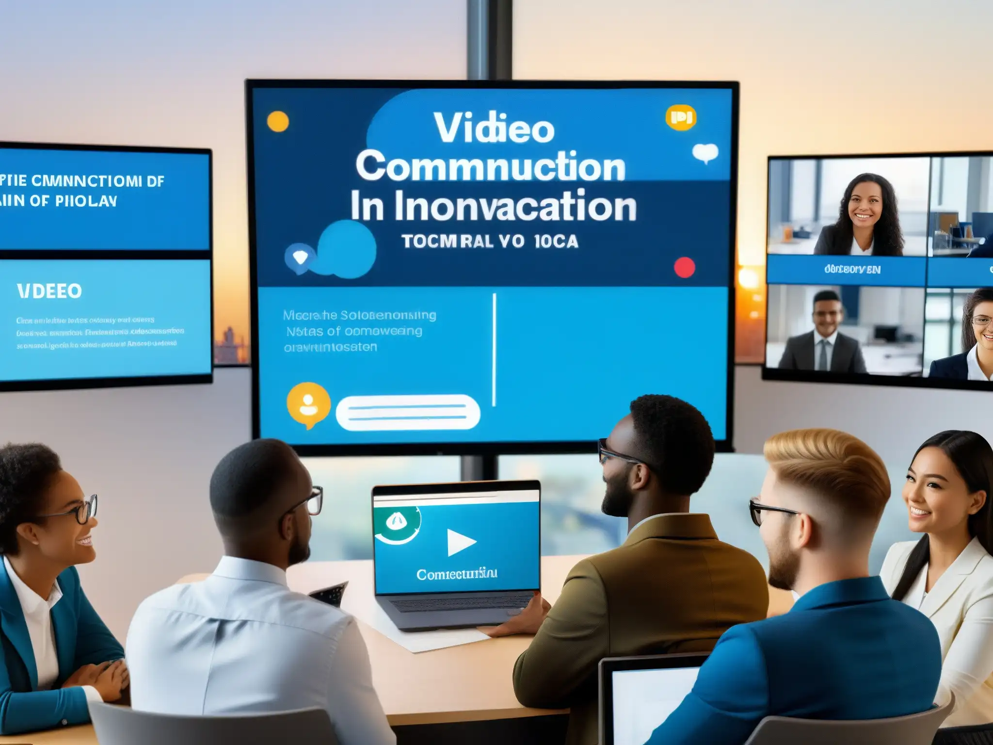 Conferencia virtual: Colaboración interindustrial Profesionales y estudiantes colaboran en videoconferencia en entornos industriales diversos, con símbolos de comunicación e innovación