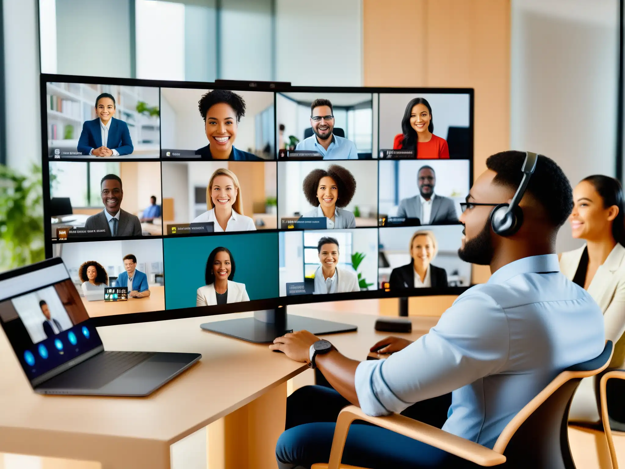 Conferencia virtual: diversidad en interacción Profesionales y estudiantes en videoconferencia, reflejando la experiencia del usuario en videoconferencias con detalle y diversidad de entornos