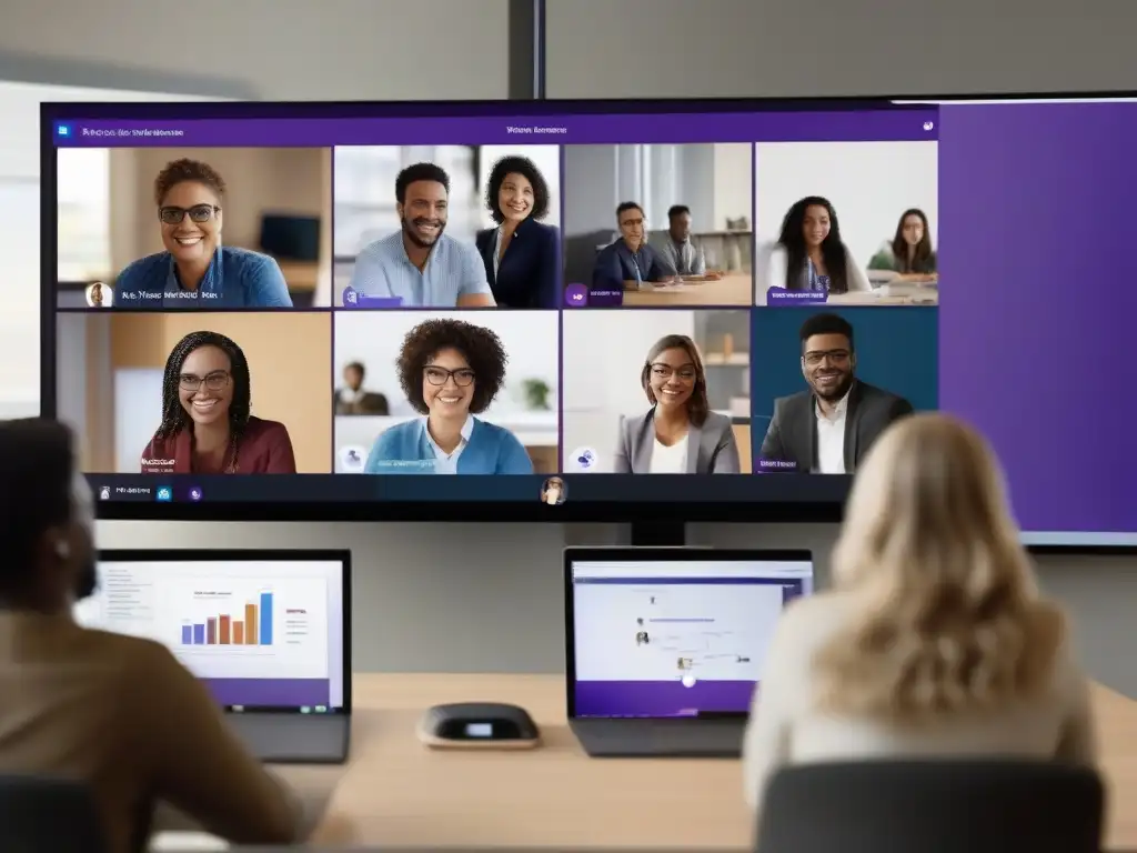 Profesionales y estudiantes colaborando en Microsoft Teams Profesionales y estudiantes colaborando en una videoconferencia en Microsoft Teams, destacando la experiencia del usuario en videoconferencias