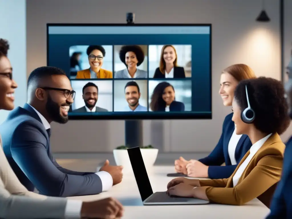 Profesionales y estudiantes diversos participan en videoconferencia, con expresiones faciales y lenguaje corporal visibles