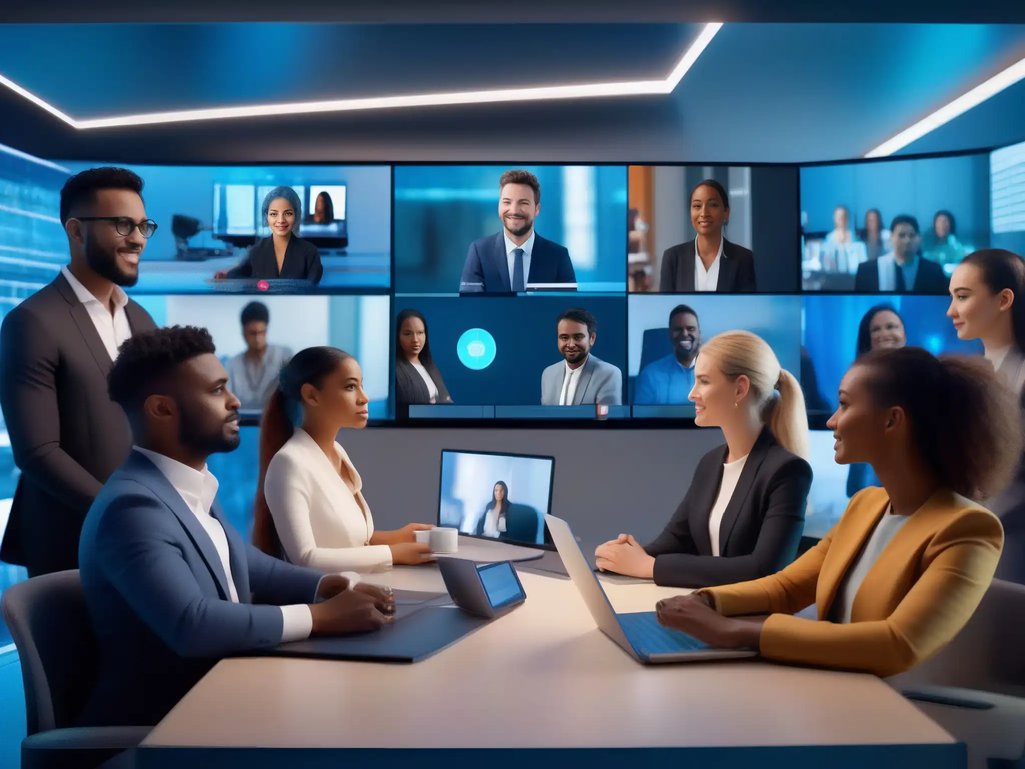 Videoconferencia profesional en un entorno futurista Diversos profesionales y estudiantes en videoconferencia, con expresiones concentradas