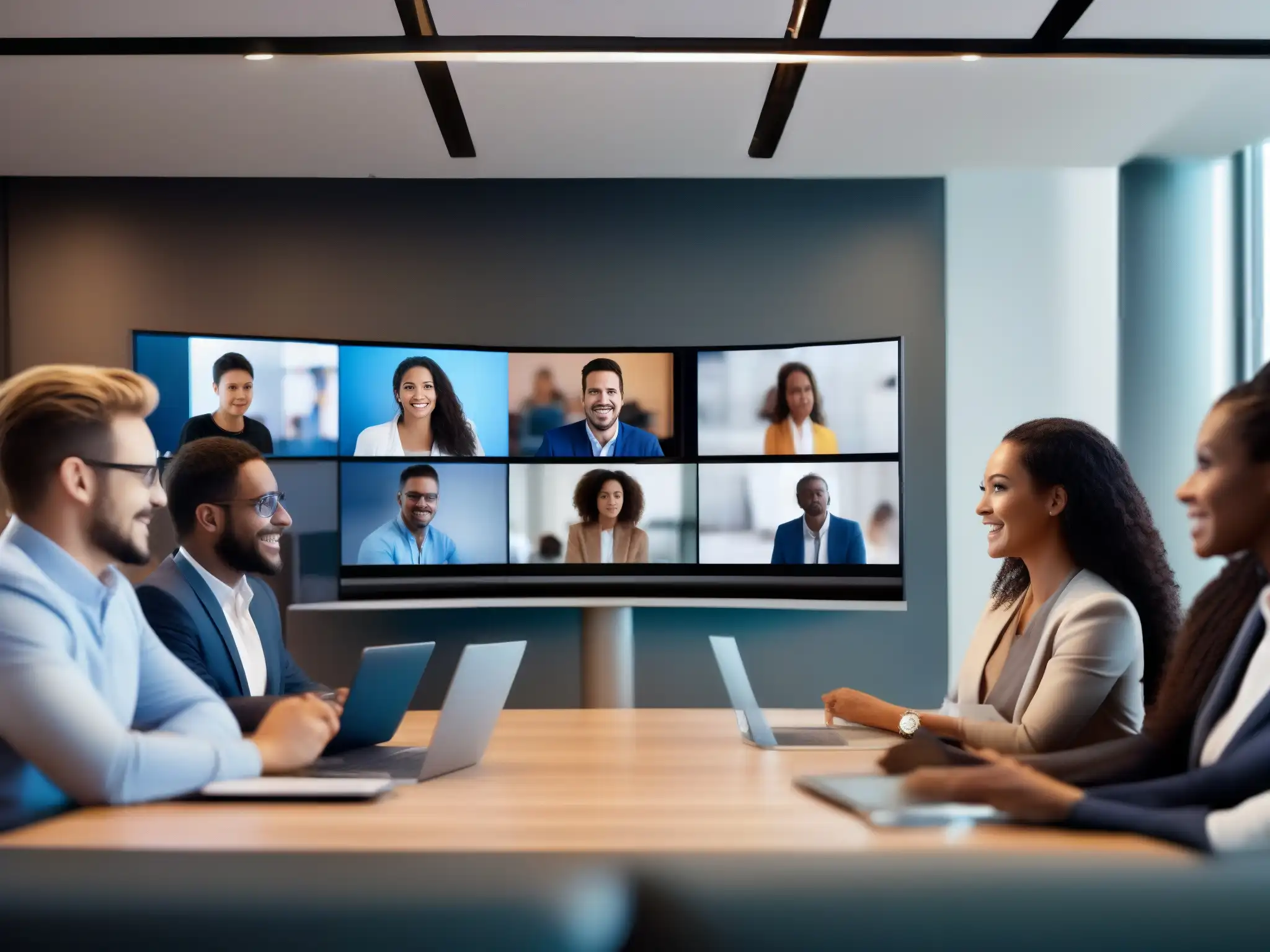 Videoconferencia de profesionales con expresiones comunicativas Profesionales y estudiantes en videoconferencia, expresiones faciales y tecnología moderna