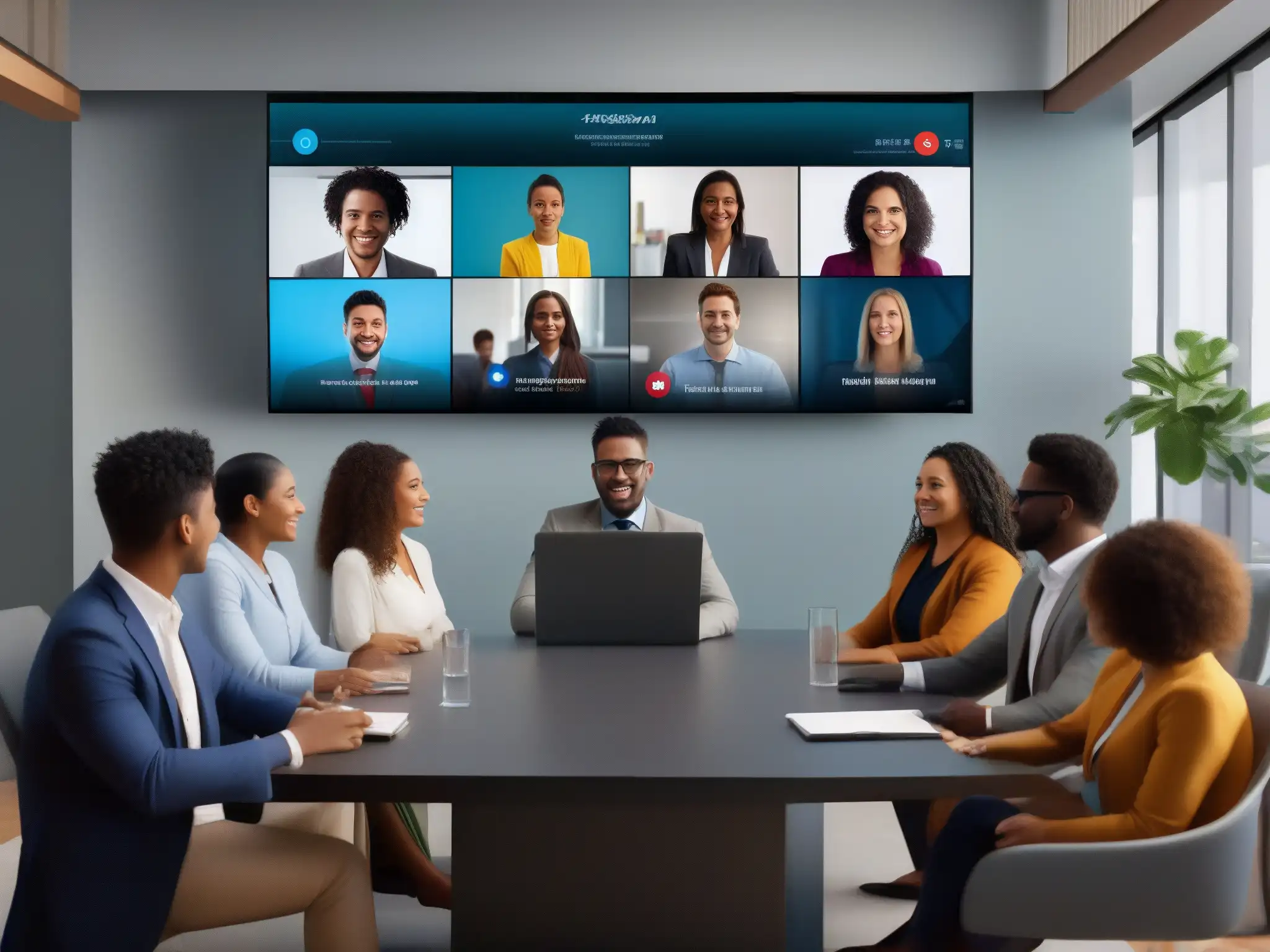 Videoconferencia dinámica con fondos virtuales personalizados Profesionales y estudiantes en una videoconferencia con fondos virtuales personalizados, mostrando diversidad y modernidad