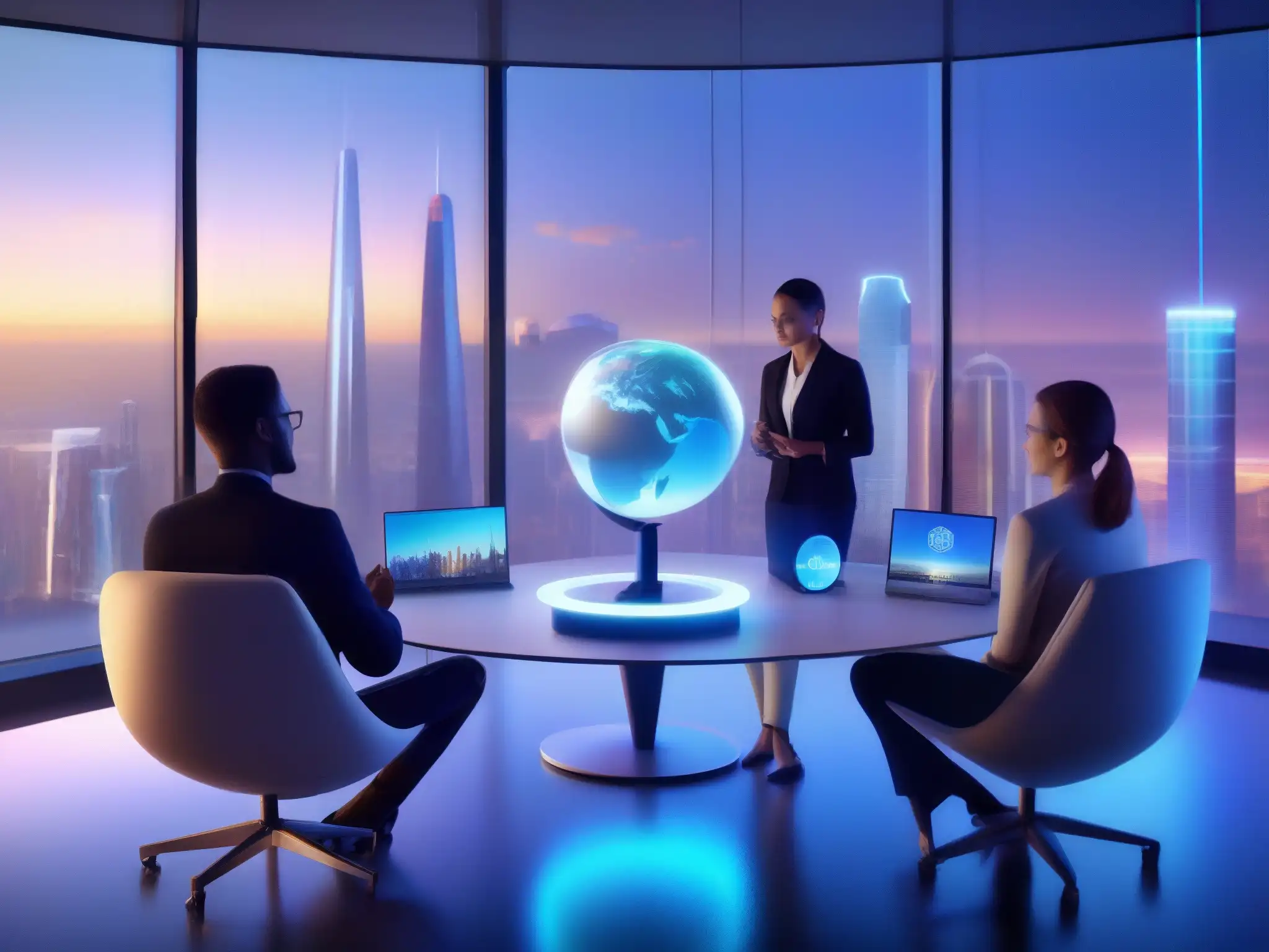 Videoconferencia futurista: profesionales y estudiantes conectados Profesionales y estudiantes participando activamente en una videoconferencia futurista con un holograma de un globo terráqueo en 3D