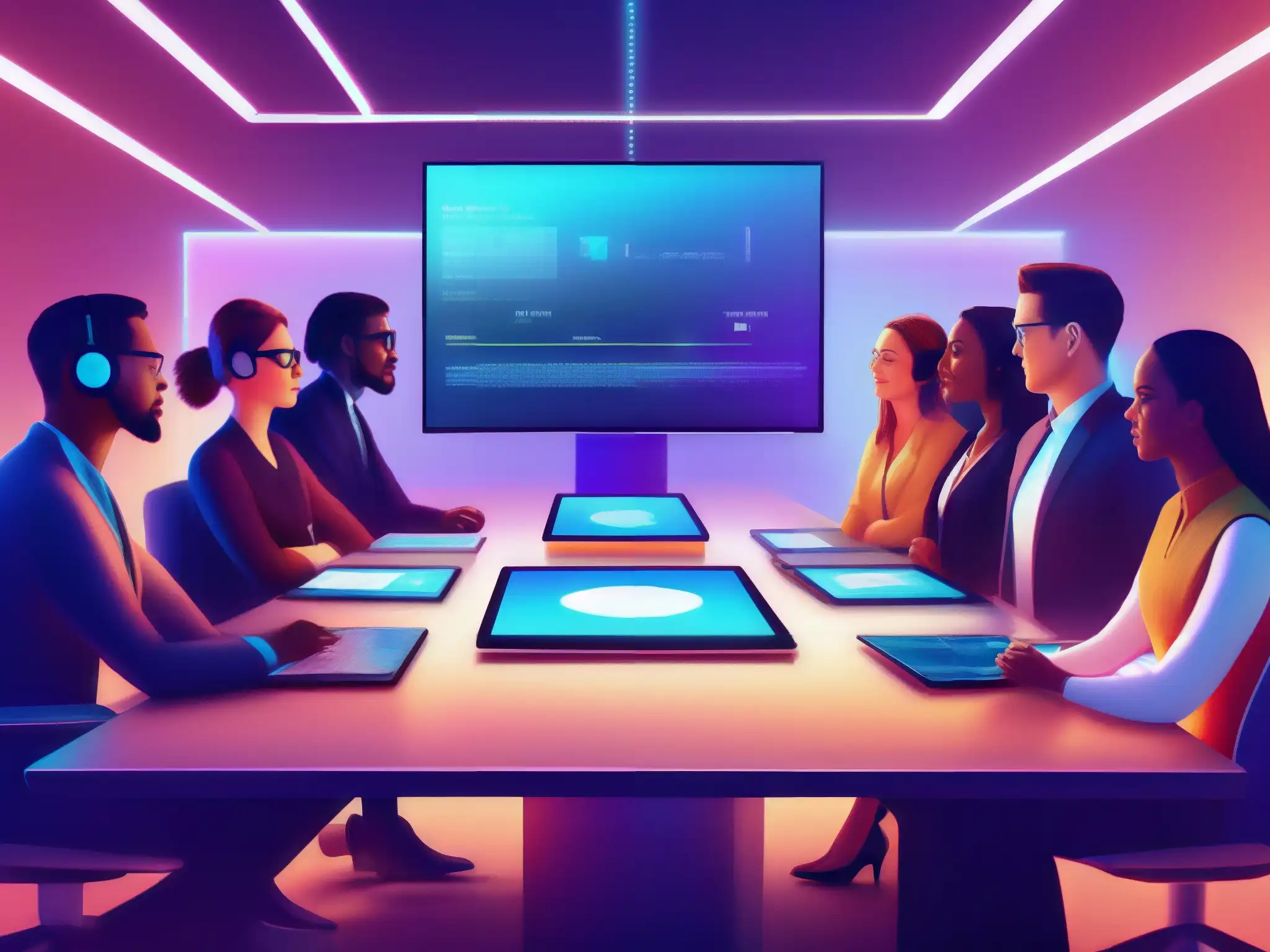 Conferencia virtual futurista: colaboración global con IA Profesionales y estudiantes en videoconferencia futurista con inteligencia artificial