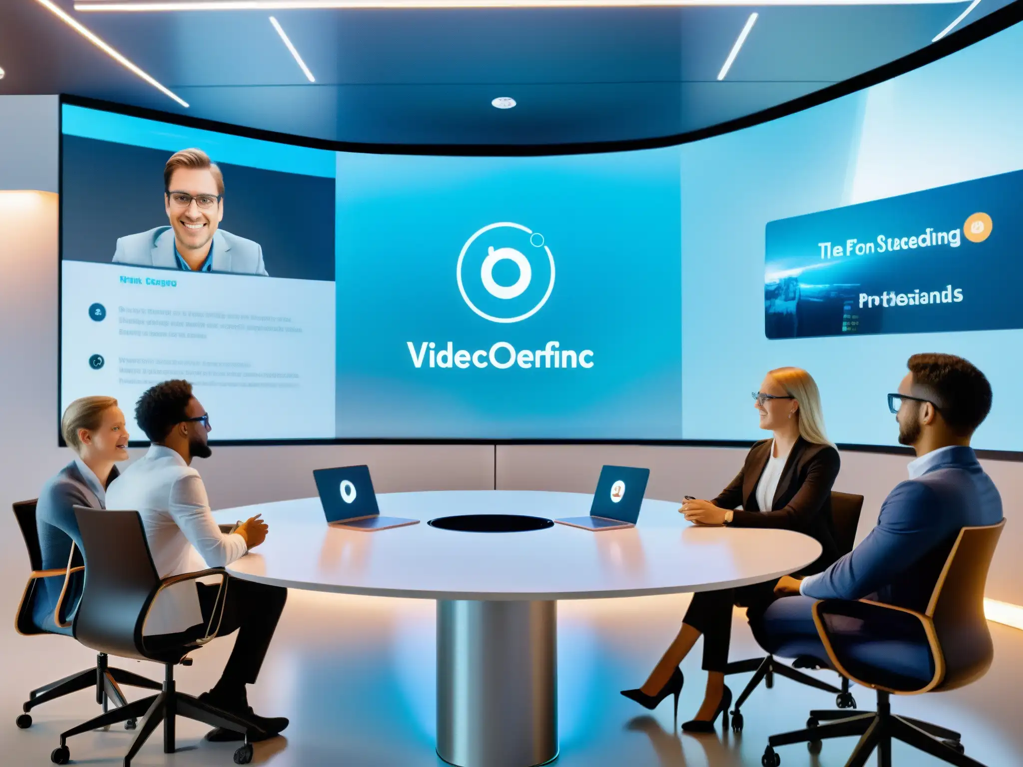 Conferencia holográfica: colaboración futurista Profesionales y estudiantes participan en una videoconferencia futurista con tecnología holográfica, mostrando innovaciones en videoconferencias 2030