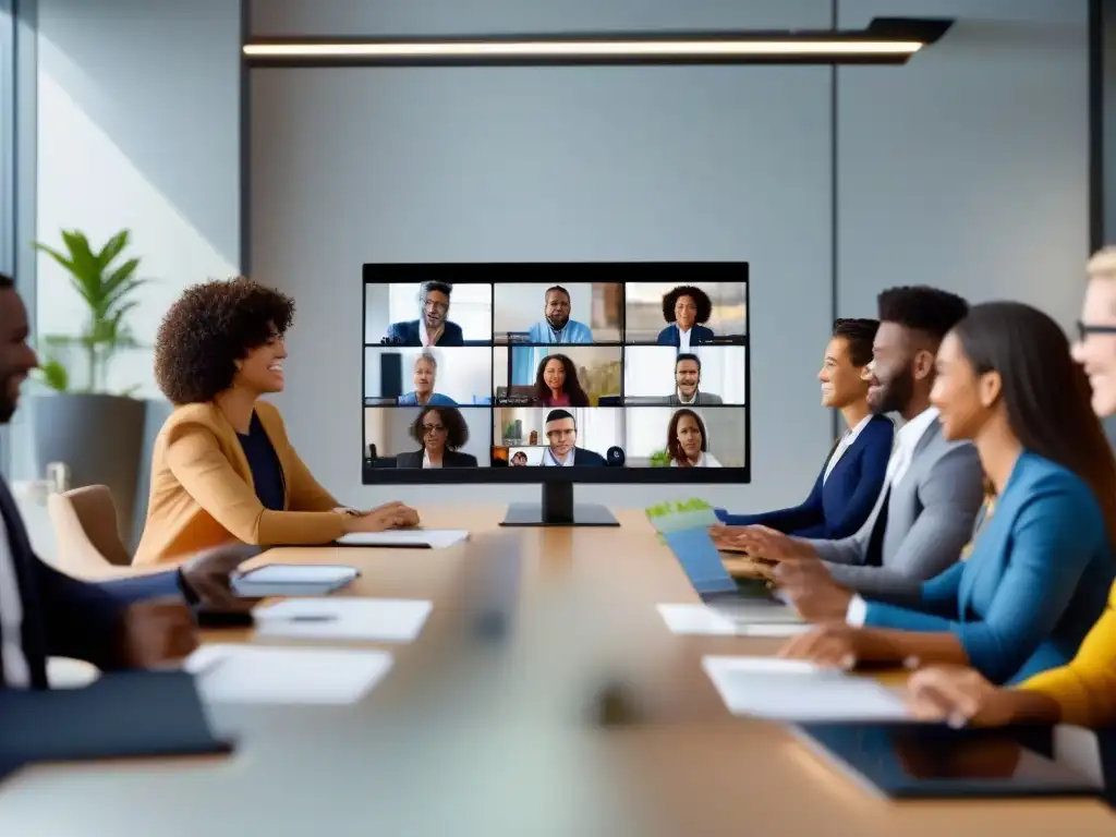 Videoconferencia profesional: colaboración dinámica en GoToMeeting Profesionales y estudiantes diversos participan en una videoconferencia de GoToMeeting