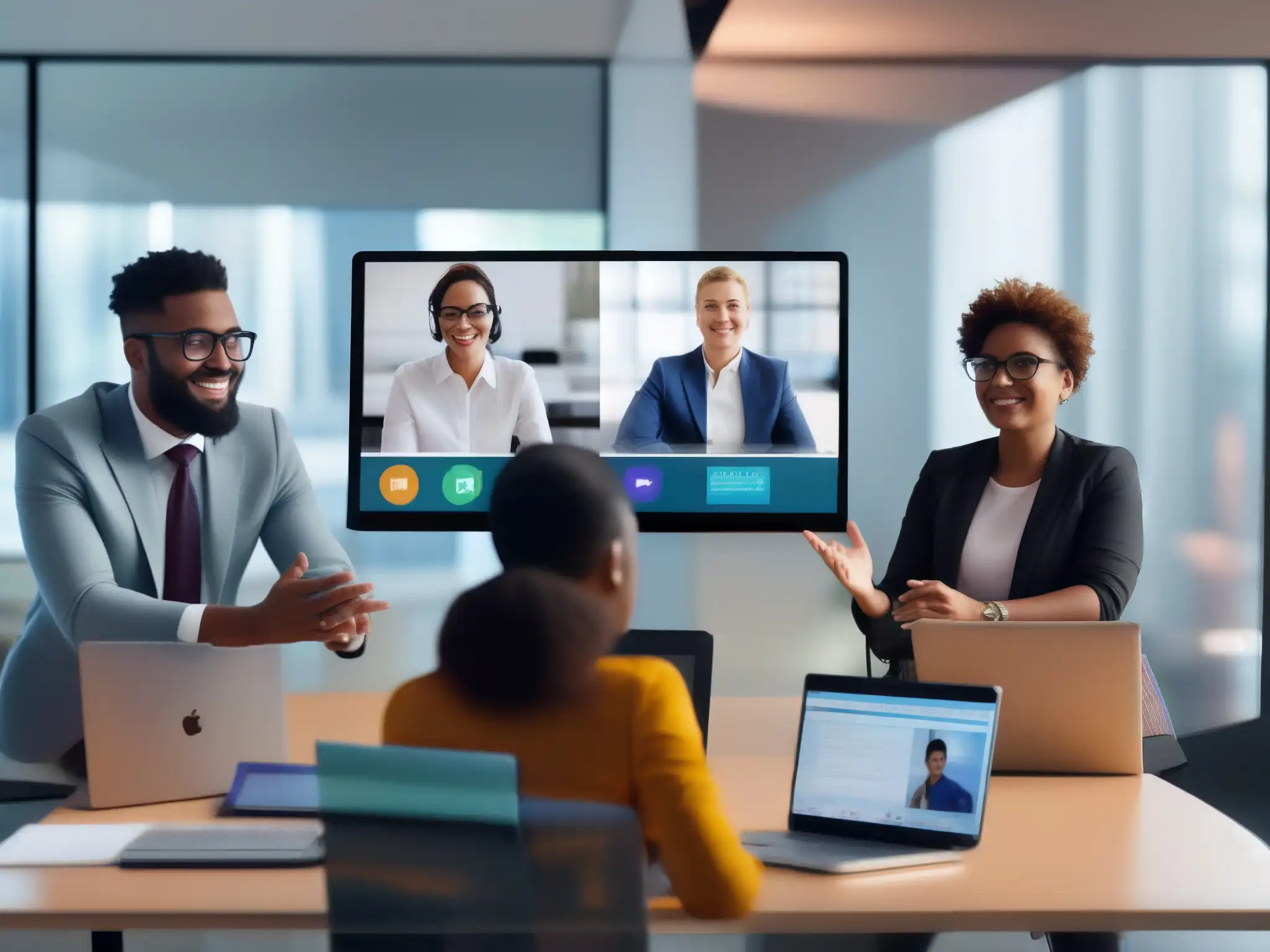 Videoconferencia dinámica: profesionales y estudiantes colaborando en un espacio contemporáneo Profesionales y estudiantes colaborando en videoconferencia con herramienta WebRTC, en un ambiente vibrante y moderno