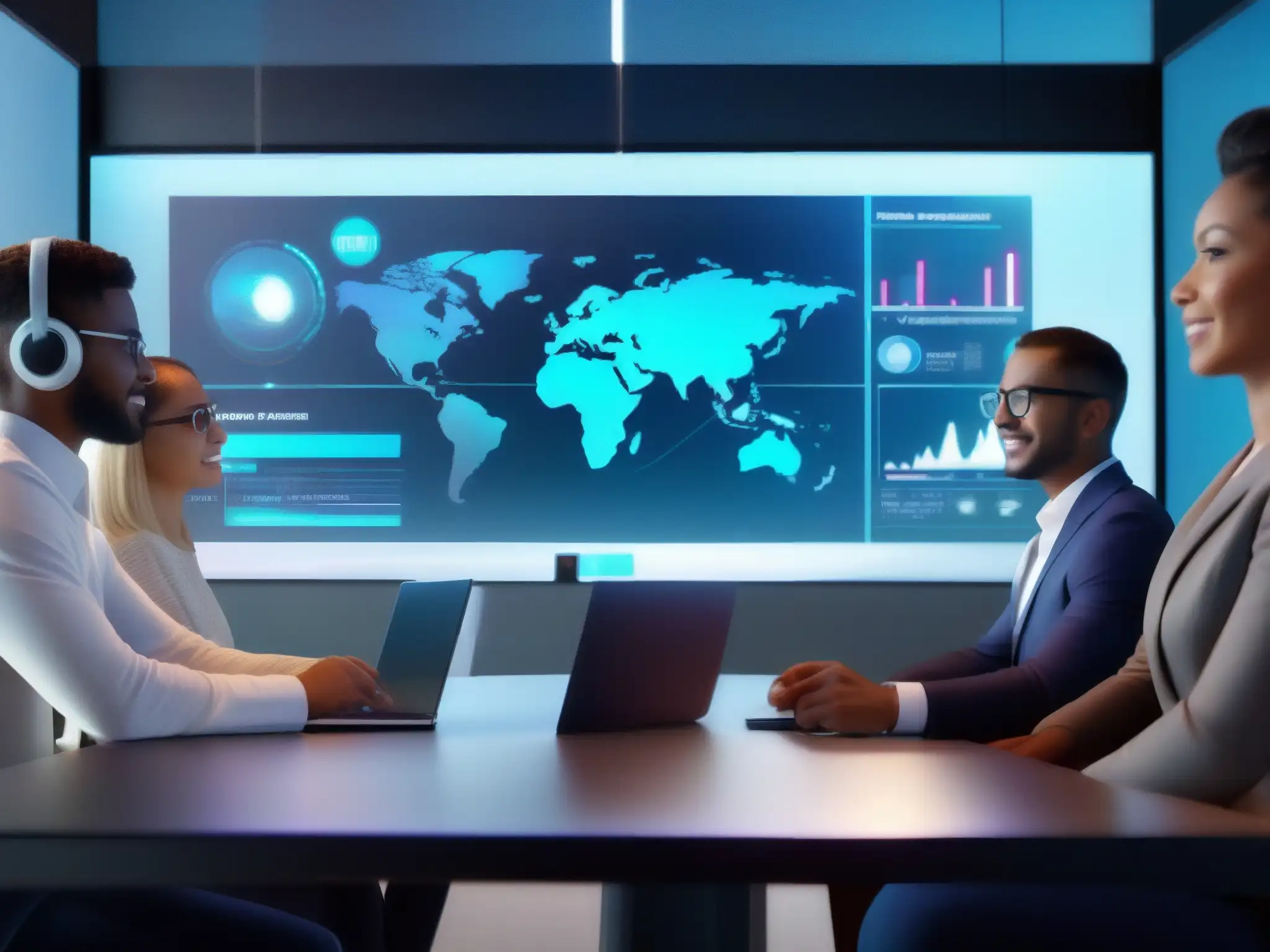 Video conferencia futurista con hologramas y colaboración avanzada Profesionales y estudiantes en videoconferencia con herramientas de evolución en interfaz de usuario