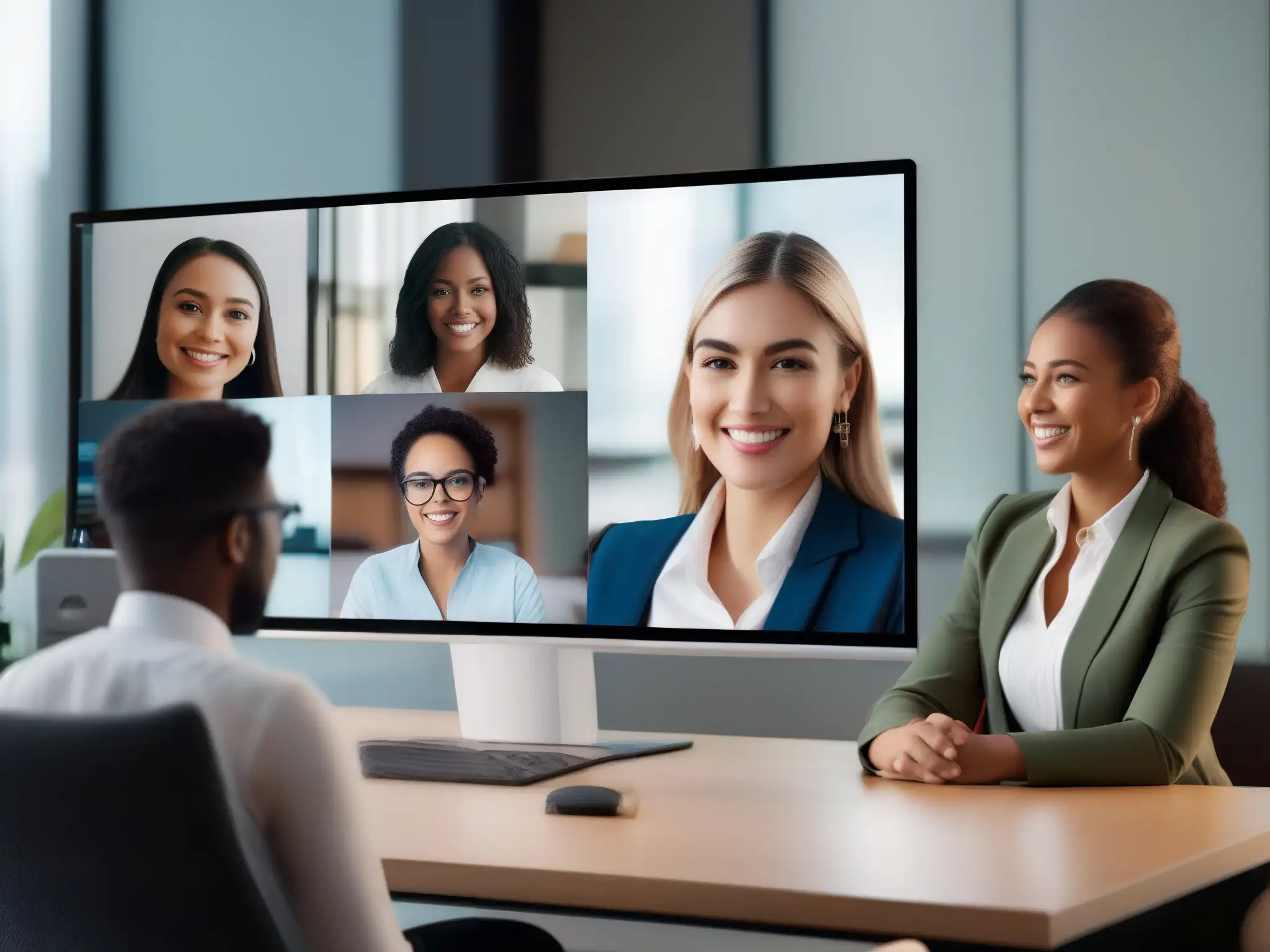 Comunicación fluida con AI en videoconferencia Profesionales y estudiantes en videoconferencia con herramientas de traducción AI avanzadas, integrando la inteligencia artificial en videoconferencias para una comunicación fluida y colaborativa sin barreras lingüísticas