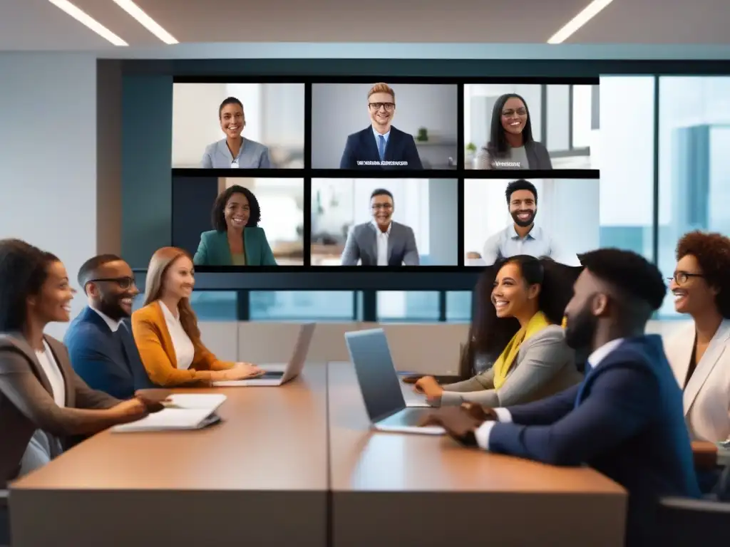 Videoconferencia moderna: profesionales y estudiantes en acción Diversos profesionales y estudiantes en una videoconferencia con herramientas modernas, representando la versatilidad y usabilidad