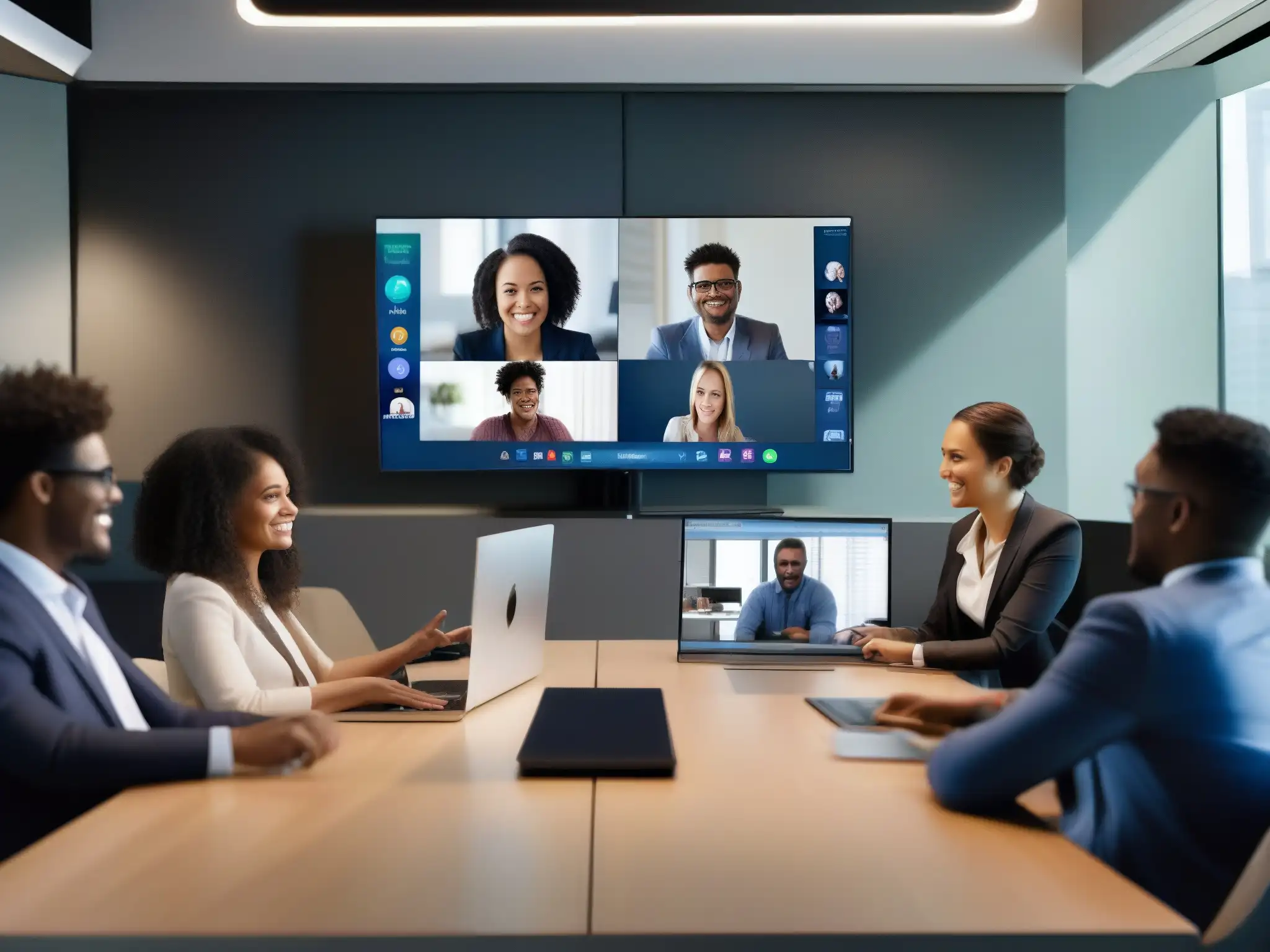 Conferencia virtual dinámica: profesionales y estudiantes colaborando Profesionales y estudiantes colaboran dinámicamente en videoconferencia, destacando cómo las herramientas de videoconferencia retienen usuarios