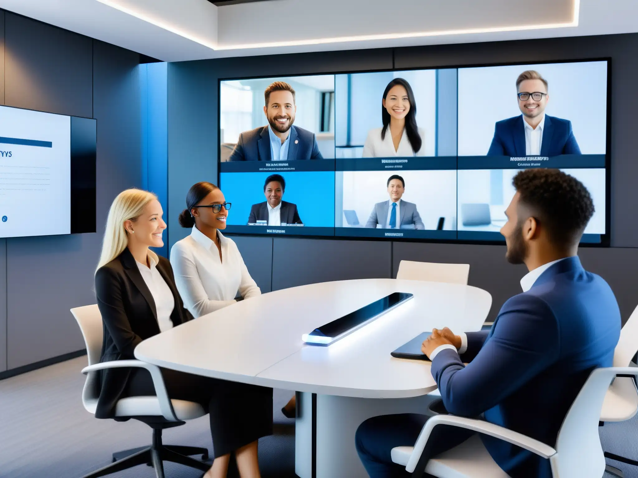 Conferencia futurista con IA para colaboración efectiva Profesionales y estudiantes en videoconferencia con IA revolucionaria, traducción en tiempo real y fondo inteligente