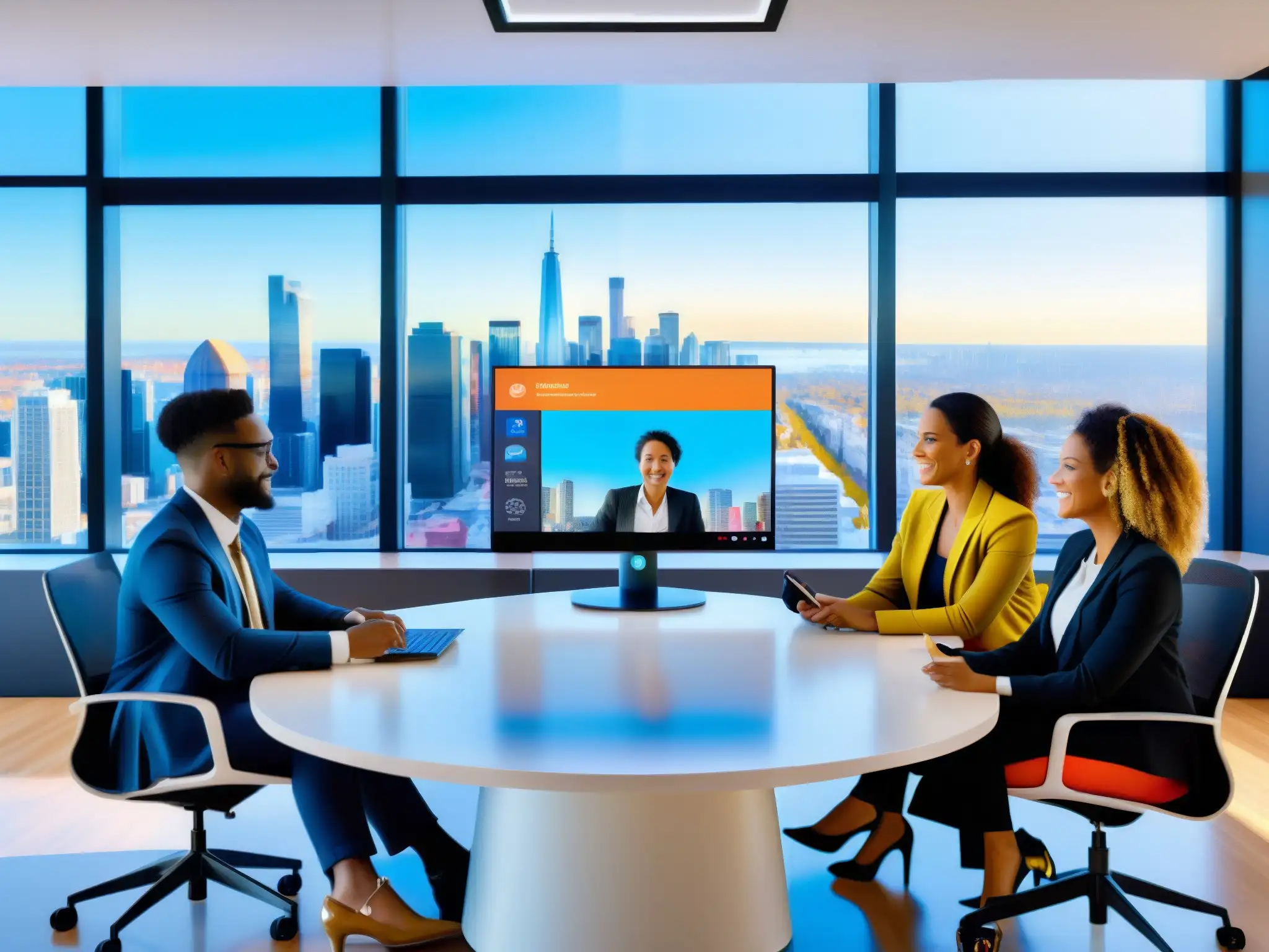 Videoconferencia colaborativa: profesionales y estudiantes comparten ideas en un entorno moderno y vibrante Profesionales y estudiantes participan activamente en una videoconferencia, compartiendo ideas en un entorno moderno y vibrante