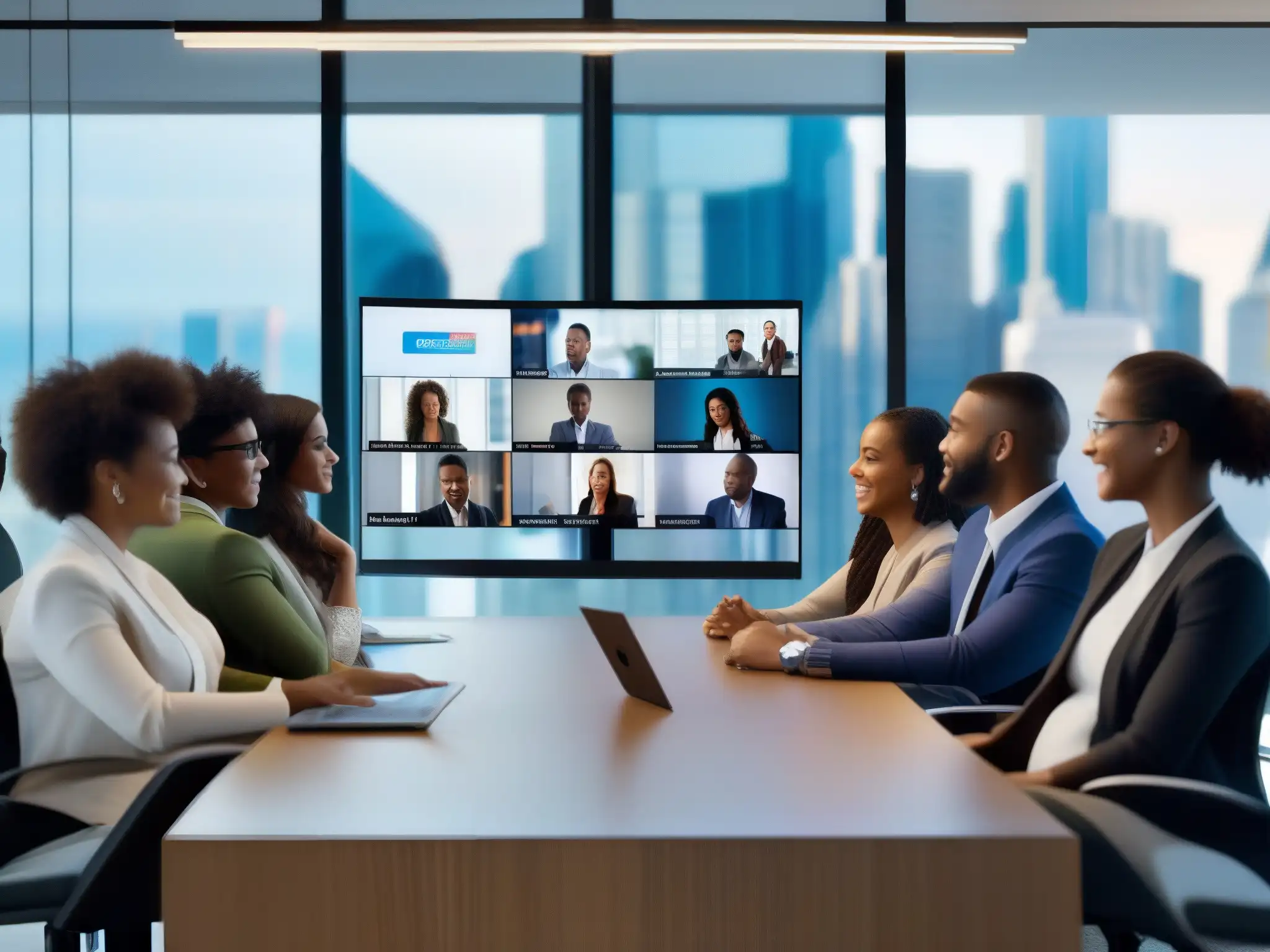 Conferencia virtual: Profesionales y estudiantes conectados Profesionales y estudiantes colaborando en una videoconferencia, resaltando la importancia de la interoperabilidad en herramientas de videoconferencia