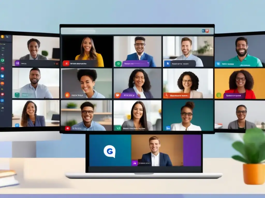 Profesionales y Estudiantes en Videoconferencia Profesionales y estudiantes participan en una videoconferencia, mostrando la importancia de las API abiertas en videoconferencias