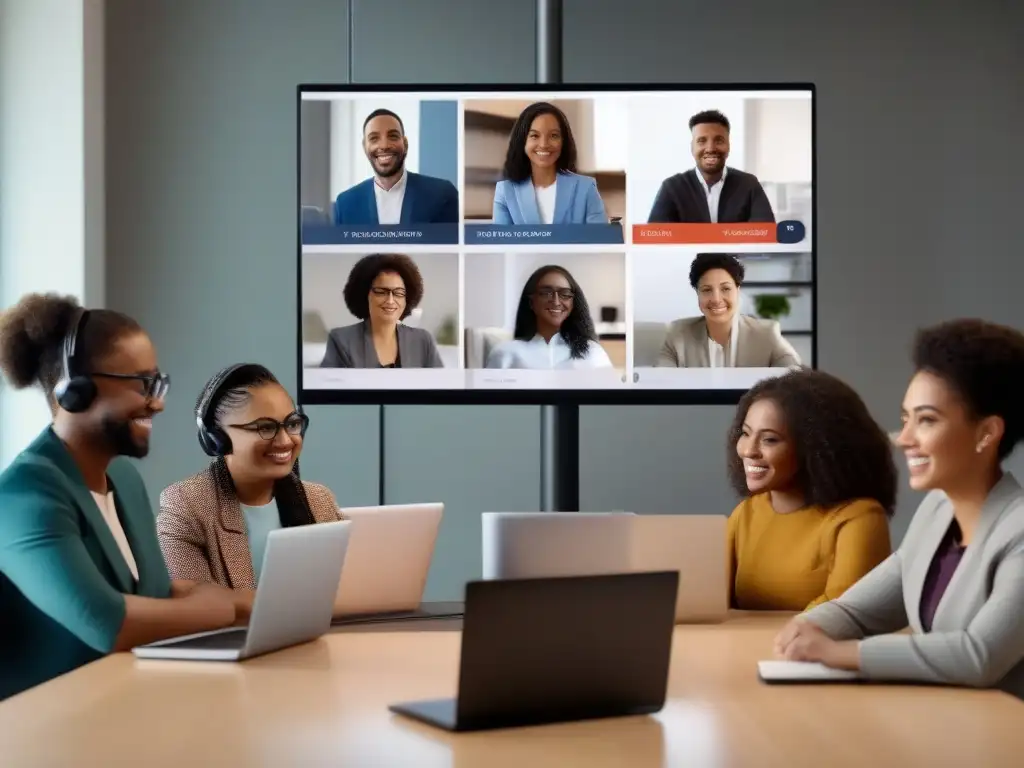 Videoconferencia inclusiva: profesionales y estudiantes de todas las edades y habilidades, con accesibilidad integrada Profesionales y estudiantes diversos participan en una videoconferencia inclusiva con interfaz accesible para todos