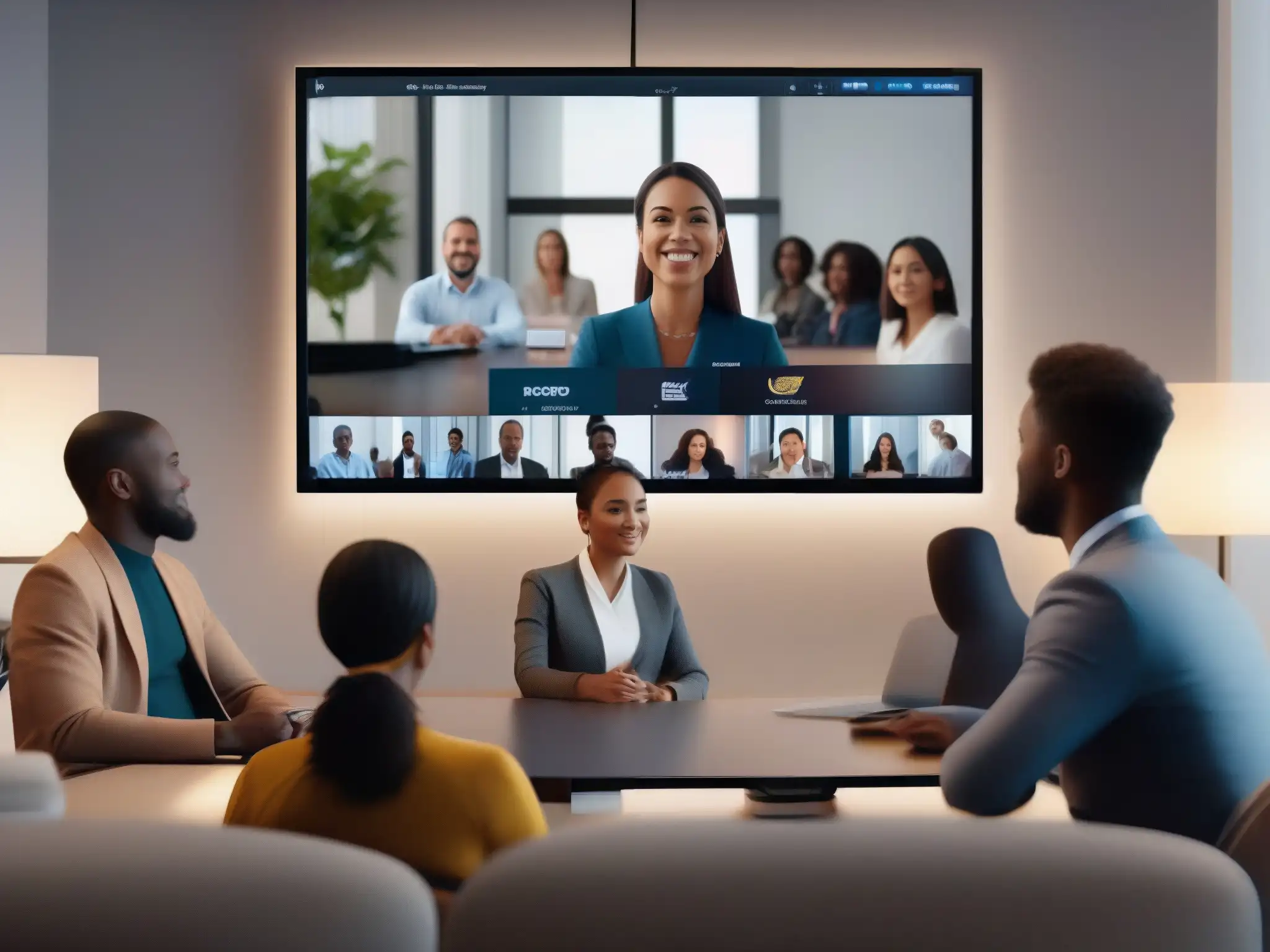 Conferencia virtual con traducción AI: colaboración moderna Profesionales y estudiantes en videoconferencia con integración de inteligencia artificial, modernidad y colaboración inclusiva