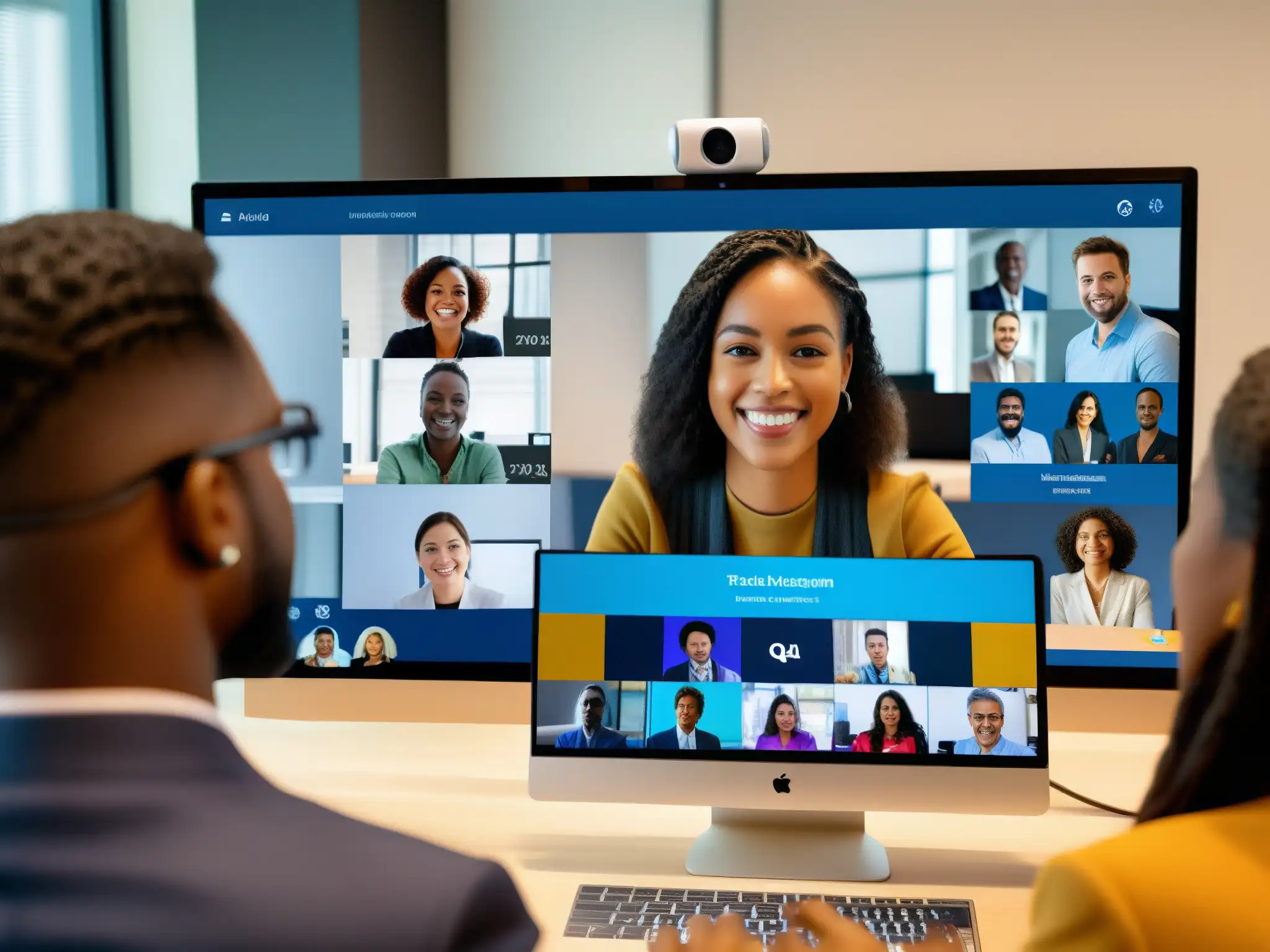 Conferencia Virtual Interactiva y Personalizada Diversos profesionales y estudiantes en videoconferencia con integraciones personalizadas para una experiencia inmersiva y colaborativa