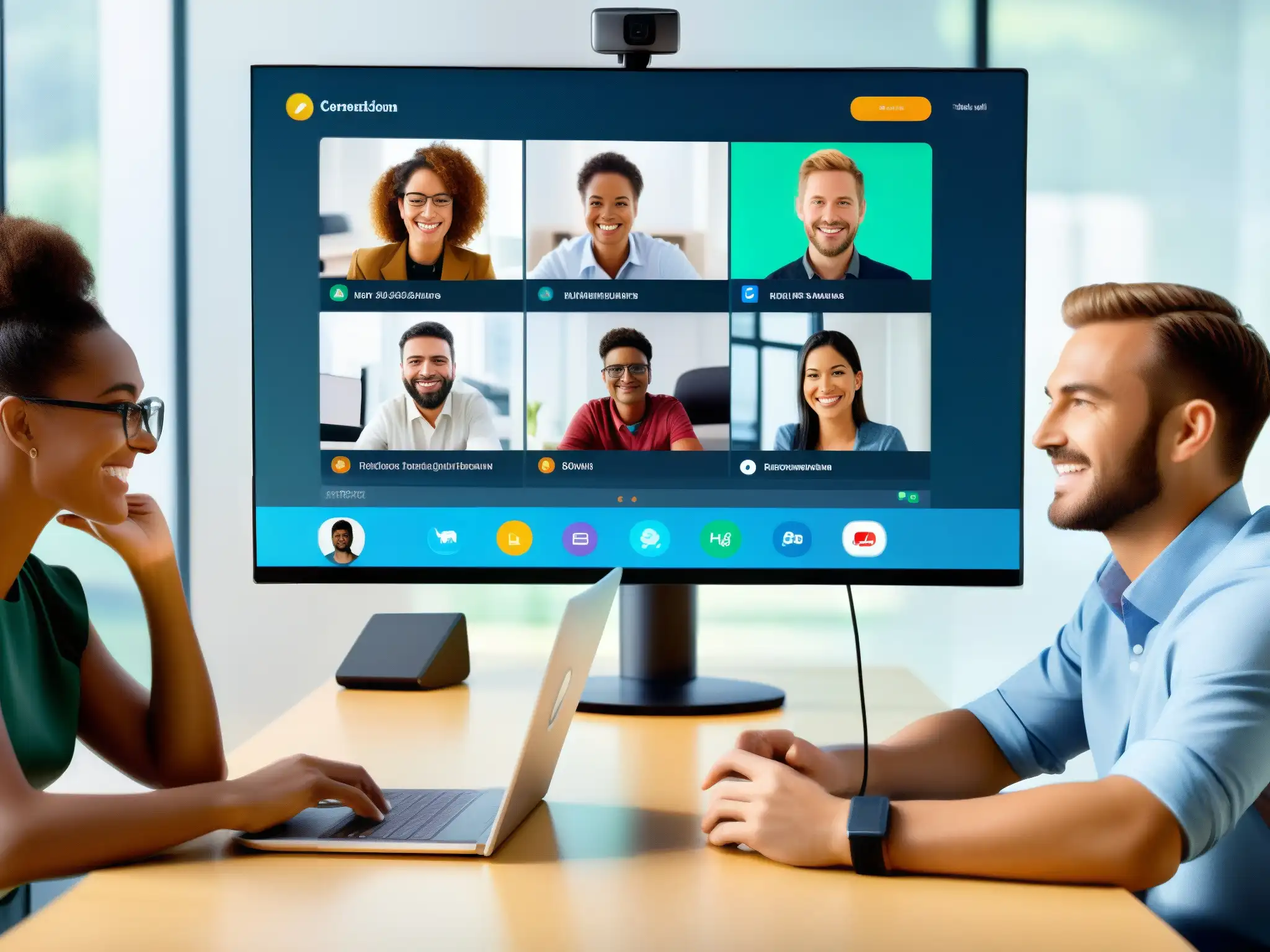 Videoconferencia dinámica con profesionales y estudiantes Profesionales y estudiantes participan en una videoconferencia interactiva con diseño moderno