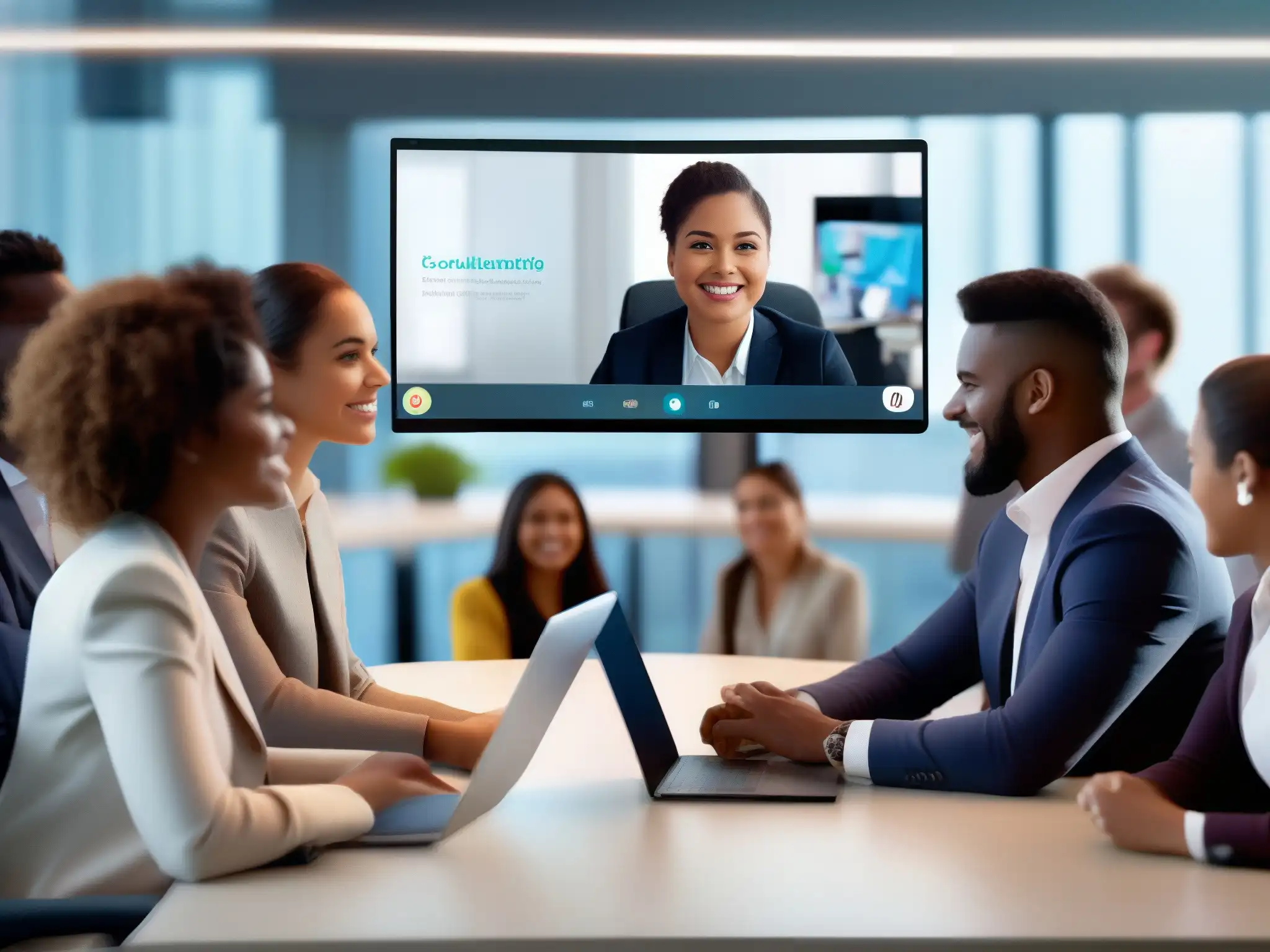 Videoconferencia Webex: Colaboración eficiente y profesional Profesionales y estudiantes en videoconferencia con Webex, una interfaz moderna