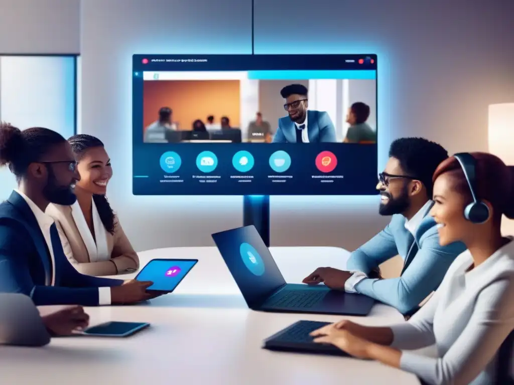 Videoconferencia futurista: colaboración eficiente Profesionales y estudiantes diversos participan en una videoconferencia con una interfaz moderna e intuitiva