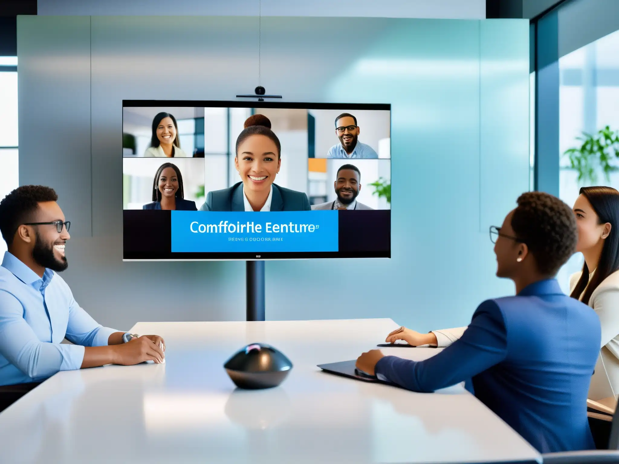 Videoconferencia dinámica: colaboración eficiente y entusiasta Profesionales y estudiantes en videoconferencia, con interfaz moderna y herramientas de videoconferencia mejor usabilidad