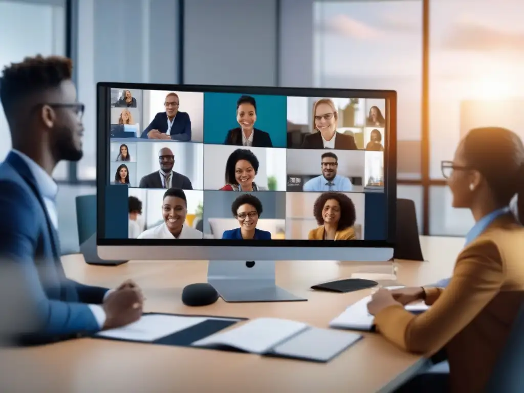Videoconferencia colaborativa y productiva con almacenamiento en la nube Profesionales y estudiantes en videoconferencia con interfaz moderna