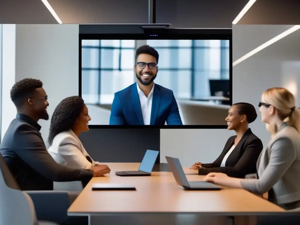 Videoconferencia futurista: inclusiva y simple Profesionales y estudiantes interactúan en una videoconferencia intuitiva