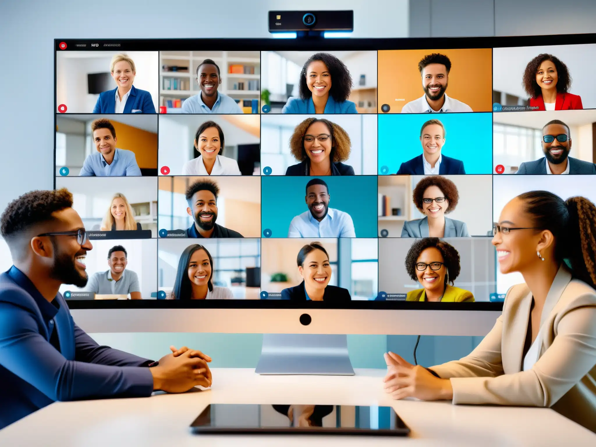 Videoconferencia innovadora: colaboración y conexión Profesionales y estudiantes colaborando en una videoconferencia con las mejores herramientas para un entorno innovador y conectado