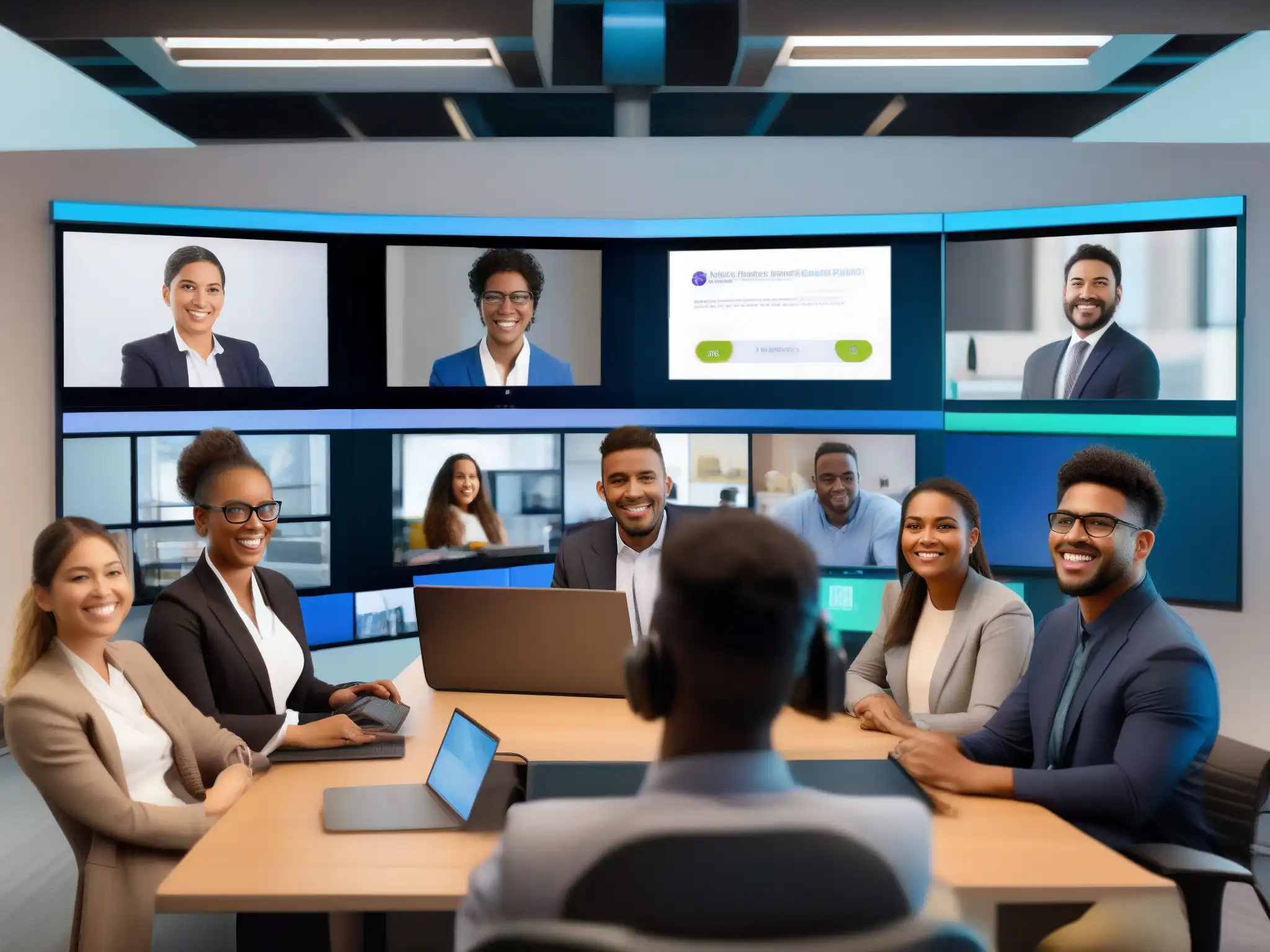 Videoconferencia interactiva para diversos sectores Profesionales y estudiantes participan en videoconferencia personalizable en diferentes entornos, destacando la versatilidad para distintos sectores