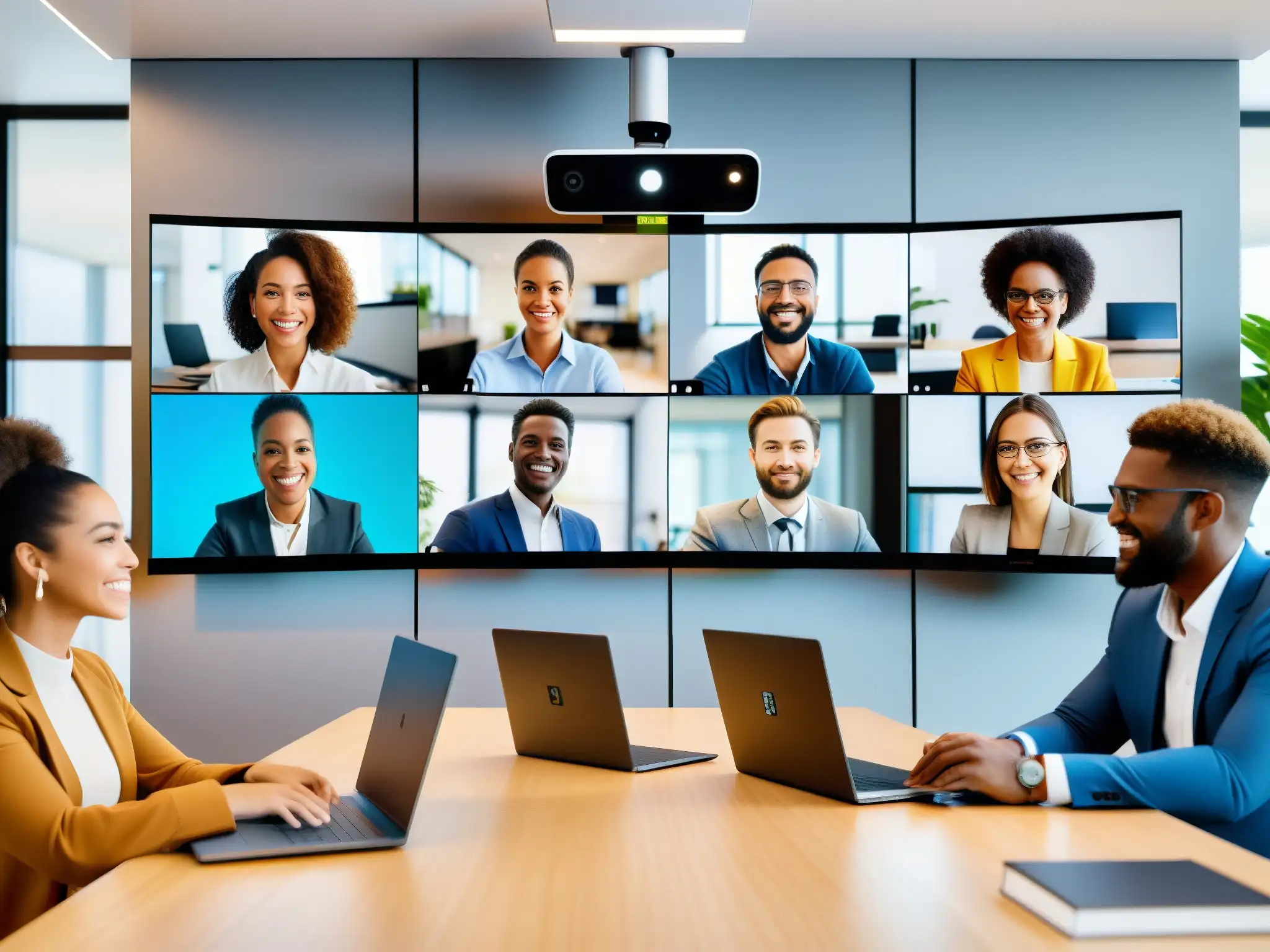 Profesionales y estudiantes en videoconferencia personalizada 8k Profesionales y estudiantes en videoconferencia personalizada, con interfaces y seguridad API visibles