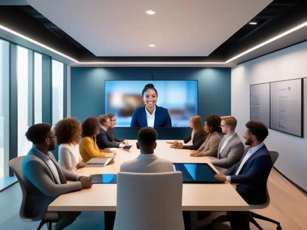 Videoconferencia personalizada: profesionales y estudiantes colaborativos Profesionales y estudiantes en videoconferencia personalizada con fondos virtuales y herramientas interactivas