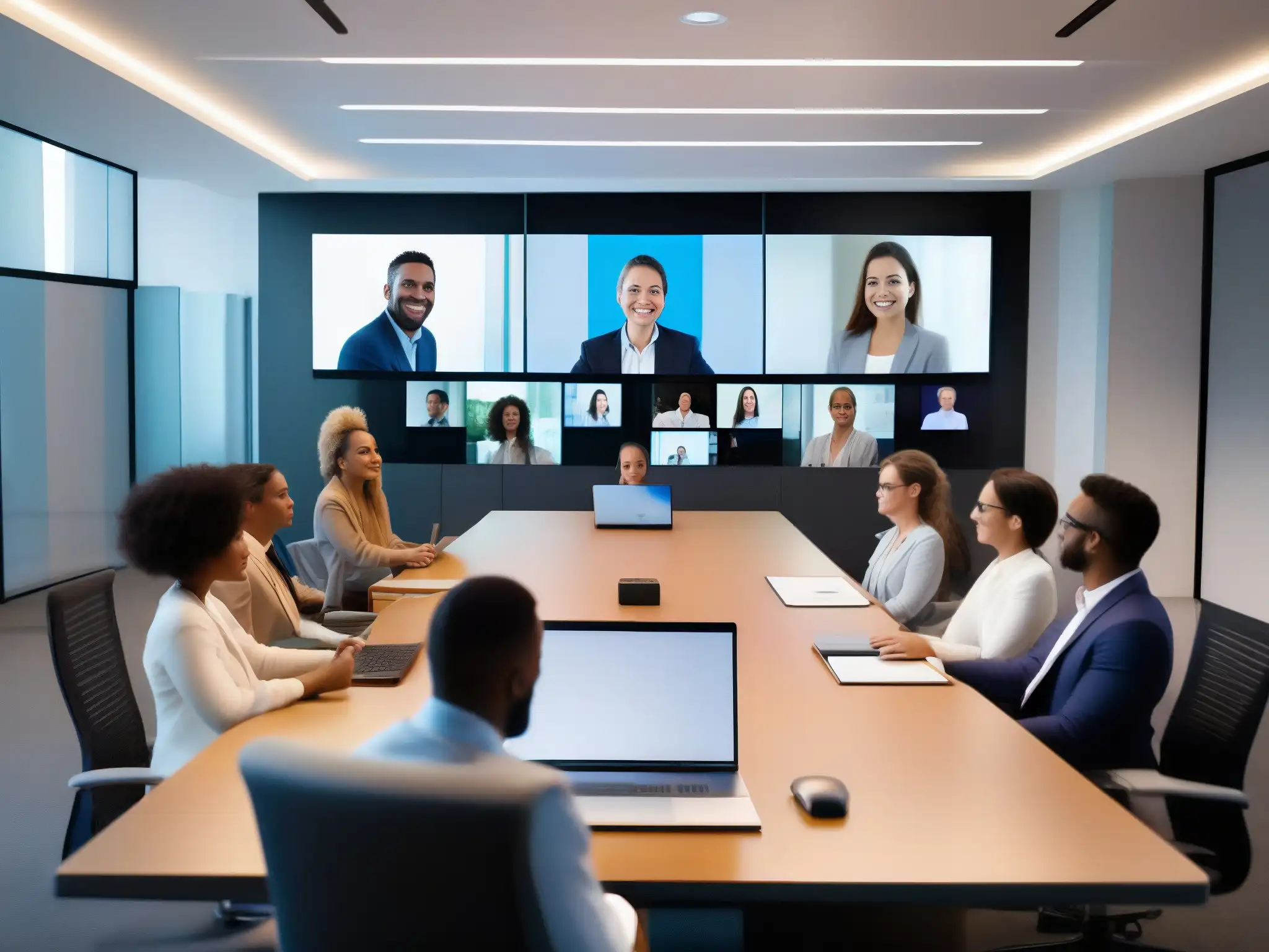 Reunión virtual dinámica: colaboración efectiva en videoconferencia Profesionales y estudiantes colaborando en una videoconferencia, gestionando eficientemente recursos y herramientas para una comunicación efectiva