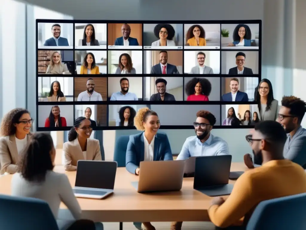 Profesionales y estudiantes en videoconferencia: colaboración eficiente Profesionales y estudiantes colaborando en una videoconferencia, destacando el rendimiento de videoconferencia en múltiples dispositivos