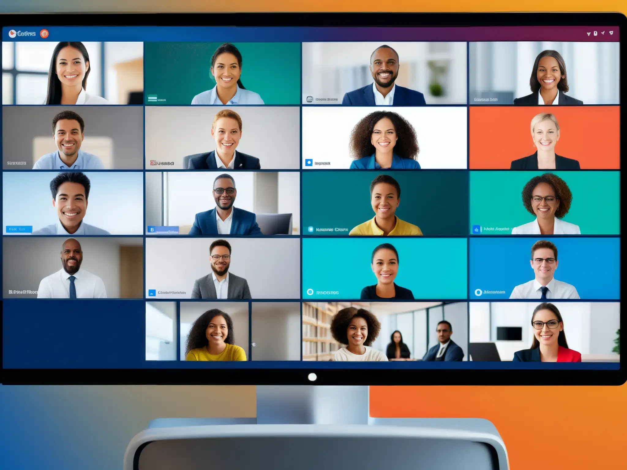 Profesionales y estudiantes seguros en videoconferencia Profesionales y estudiantes diversos participan en una videoconferencia segura, con múltiples herramientas y protocolos de seguridad
