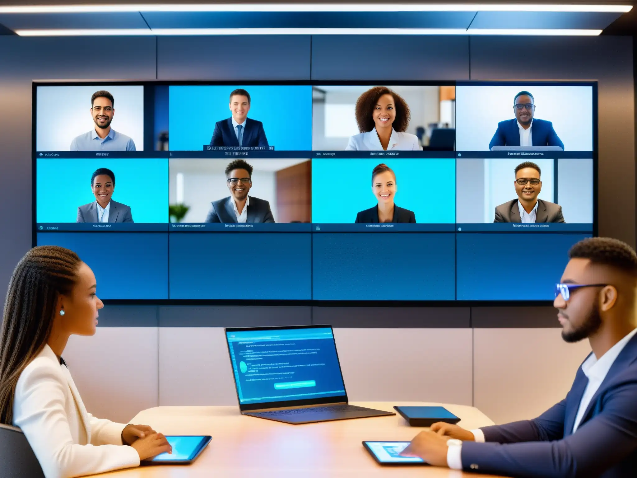 Videoconferencia segura: Profesionales y estudiantes protegiendo datos Profesionales y estudiantes en videoconferencia segura, con datos encriptados y protocolos avanzados