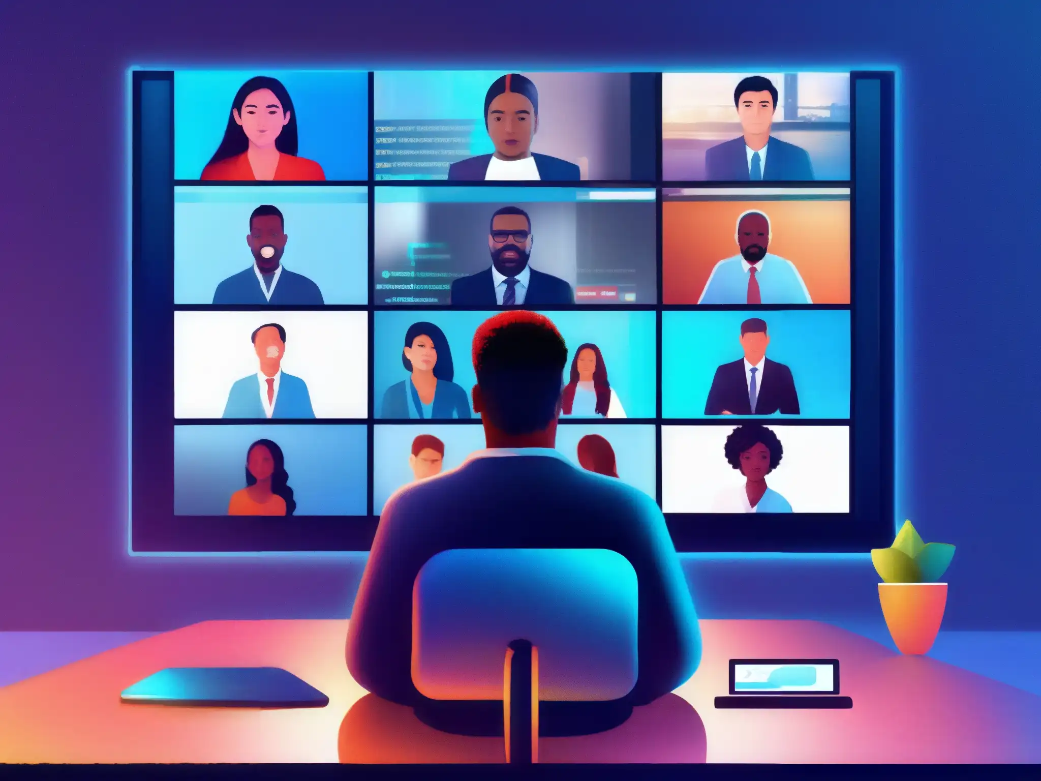Videoconferencia segura: profesionales y estudiantes en pantalla 8k Profesionales y estudiantes en videoconferencia segura, enfocados en garantizar privacidad
