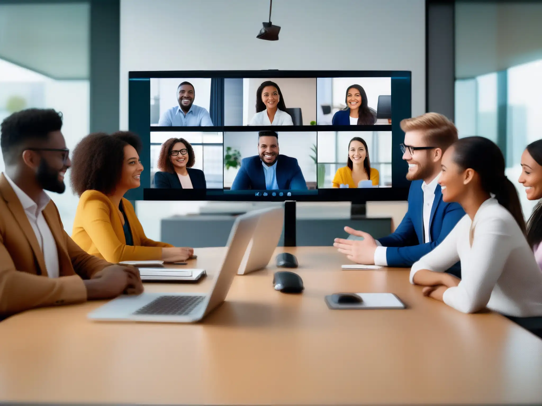 Videoconferencia segura: Colaboración profesional diversa Profesionales y estudiantes en videoconferencia segura, colaborando y compartiendo ideas