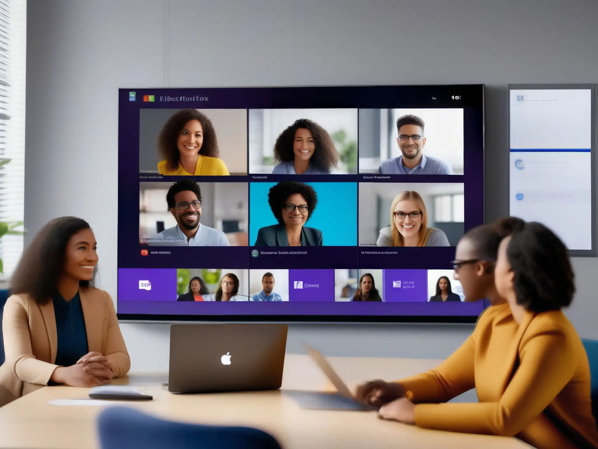 Profesionales y estudiantes seguros colaborando en Microsoft Teams Profesionales y estudiantes colaboran en videoconferencia segura con Microsoft Teams