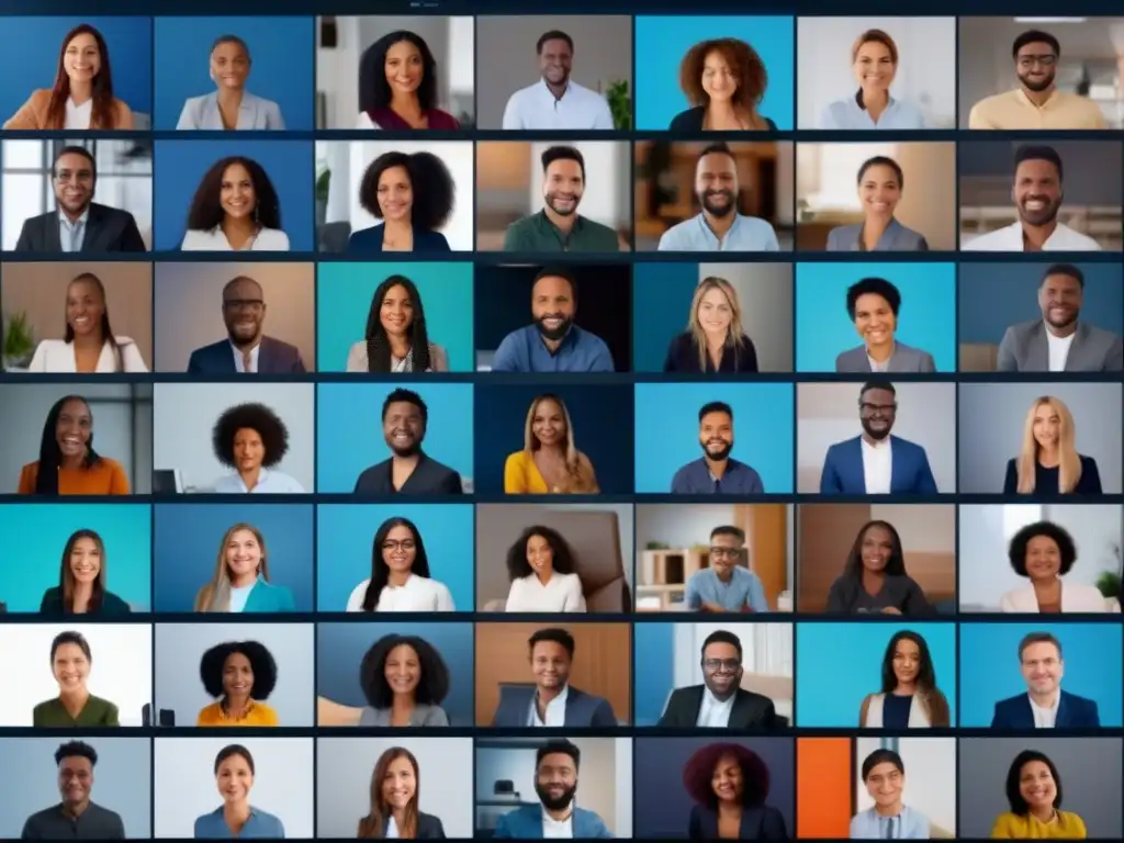 Conferencia virtual segura: diversidad profesional en 8k Profesionales y estudiantes participan en una videoconferencia segura con controles de seguridad personalizados