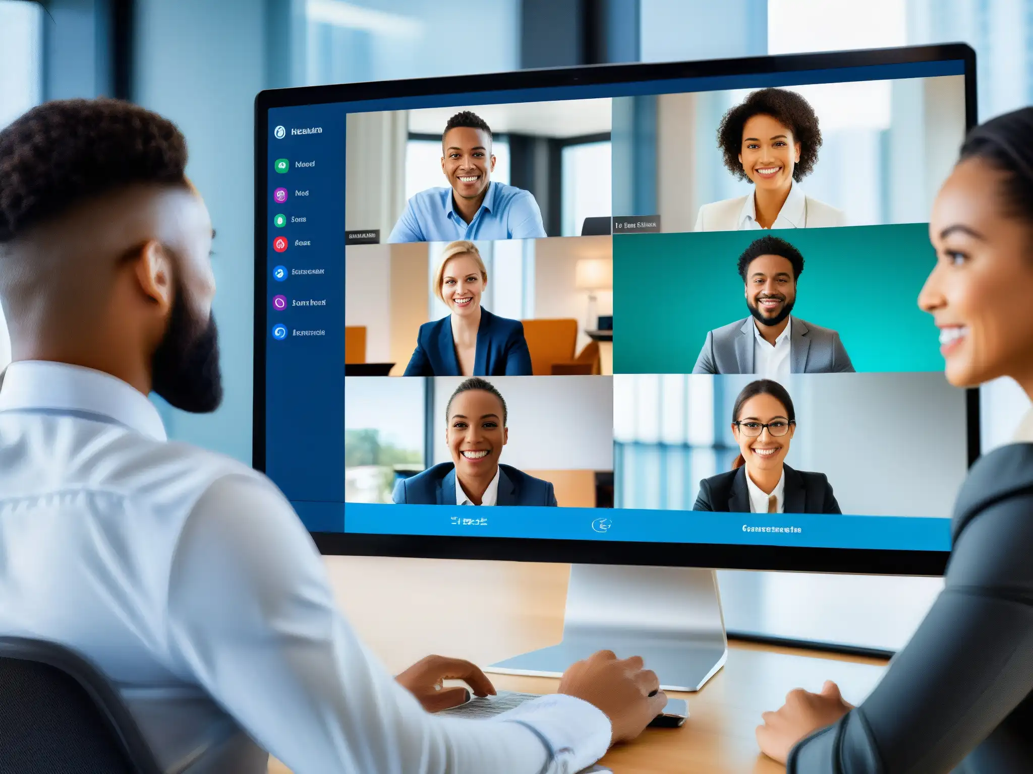 Conferencia virtual segura y profesional con diversidad de usuarios Profesionales y estudiantes participan en una videoconferencia segura con controles de seguridad, en un entorno profesional y educativo
