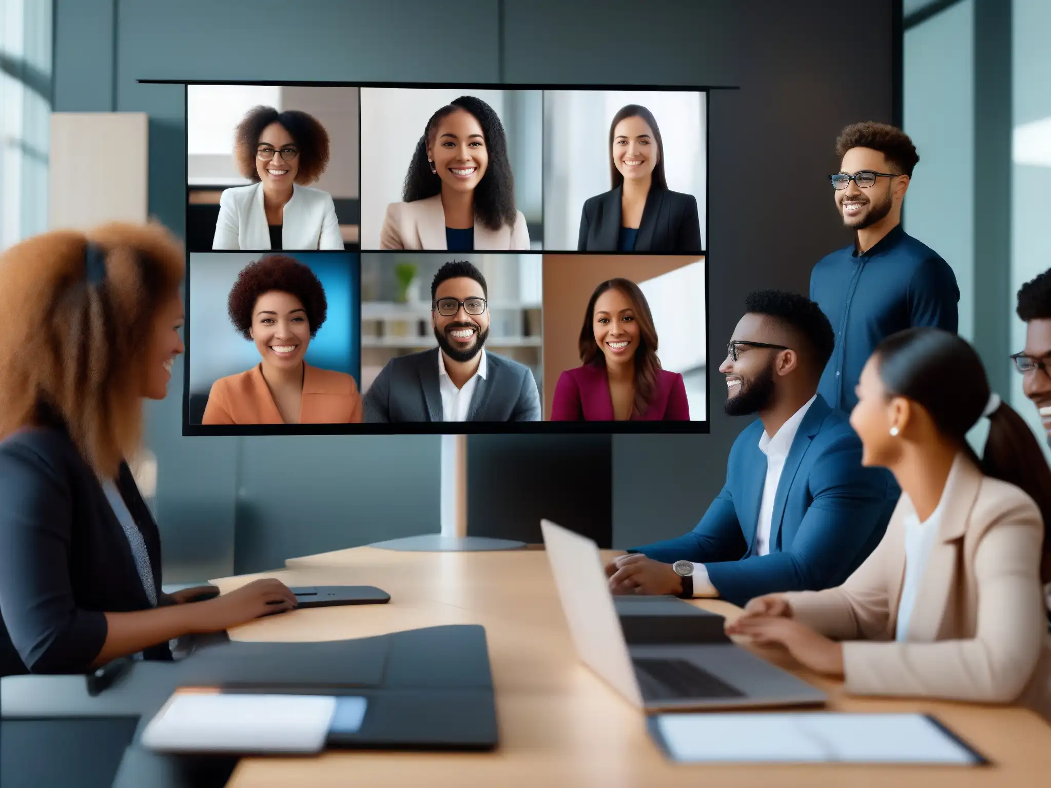 Conferencia virtual segura: profesionales y estudiantes comprometidos Profesionales y estudiantes participan en una videoconferencia segura