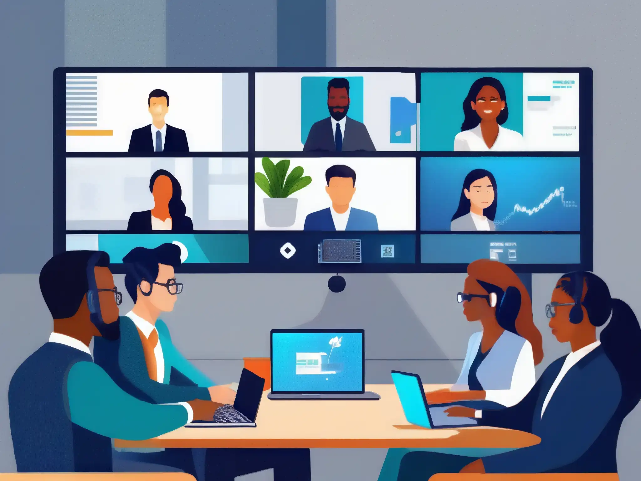 Profesionales y estudiantes colaboran en videoconferencia segura Profesionales y estudiantes participan en una videoconferencia segura, con actualizaciones de seguridad en videoconferencia