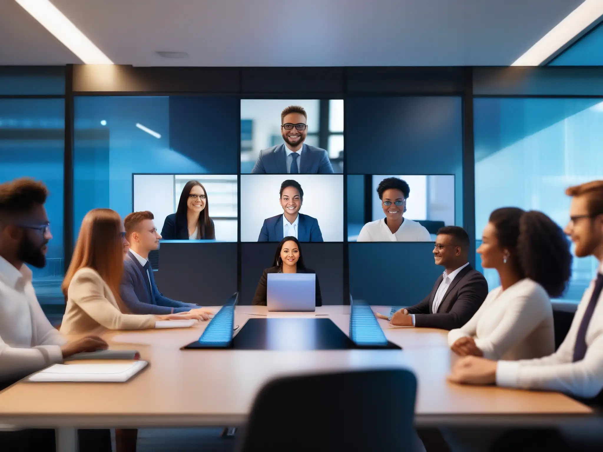 Videoconferencia segura: profesionales y estudiantes atentos y enfocados Profesionales y estudiantes en videoconferencia segura, expresiones atentas
