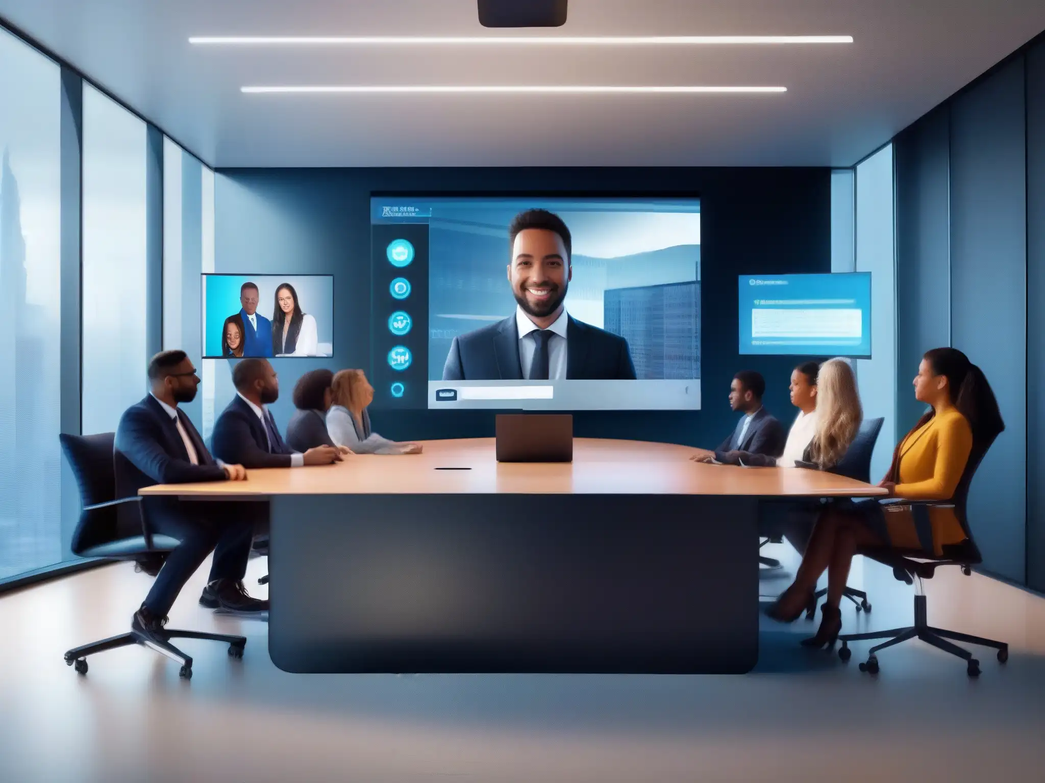 Videoconferencia segura con encriptación de datos y privacidad Profesionales y estudiantes en videoconferencia segura, con cifrado y privacidad en la interfaz